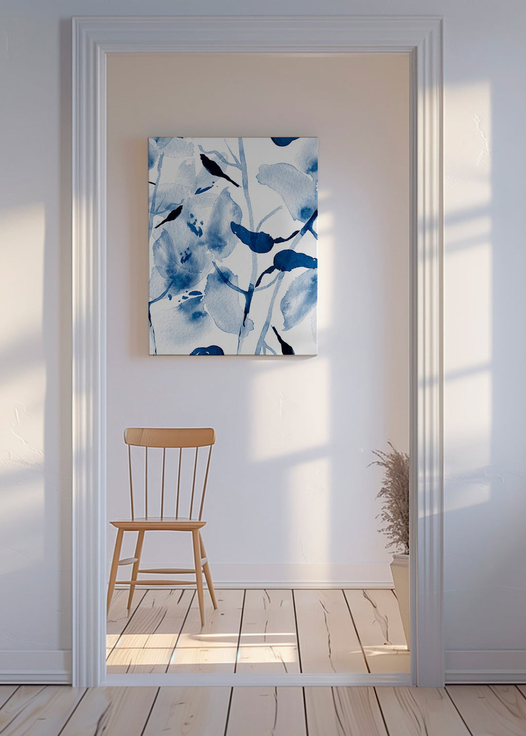 Lámina botánica en acuarela azul con aves – Canvas