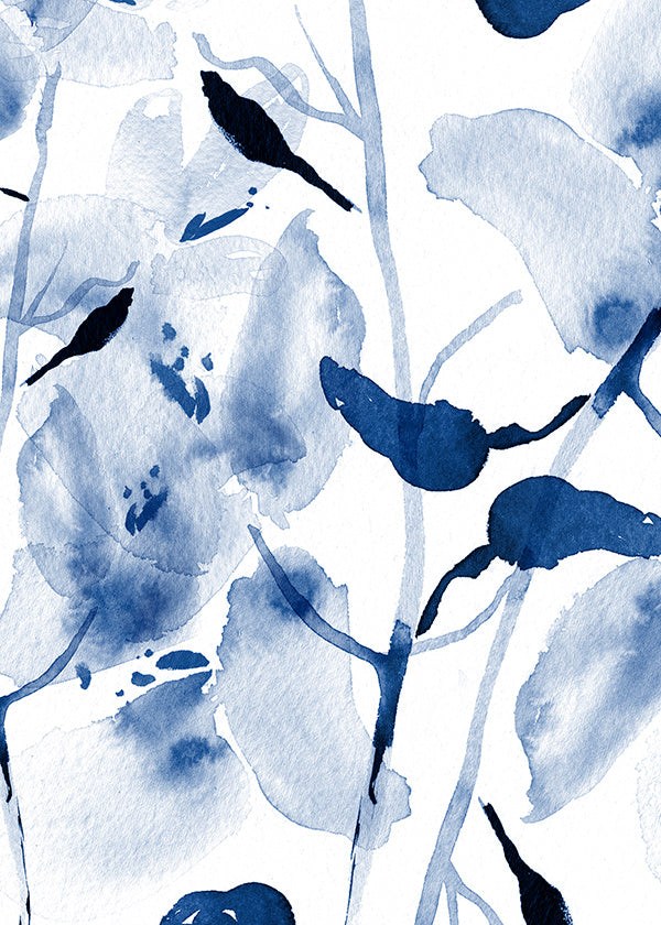 Lámina botánica en acuarela azul con aves