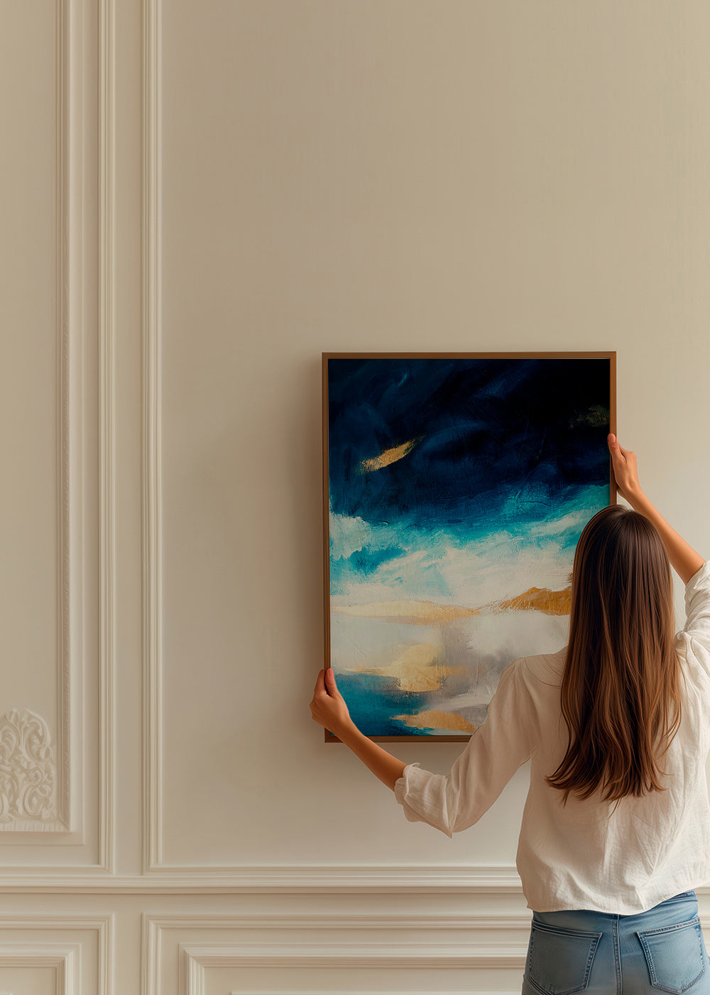 Cuadro abstracto azul y dorado en textura – Product2