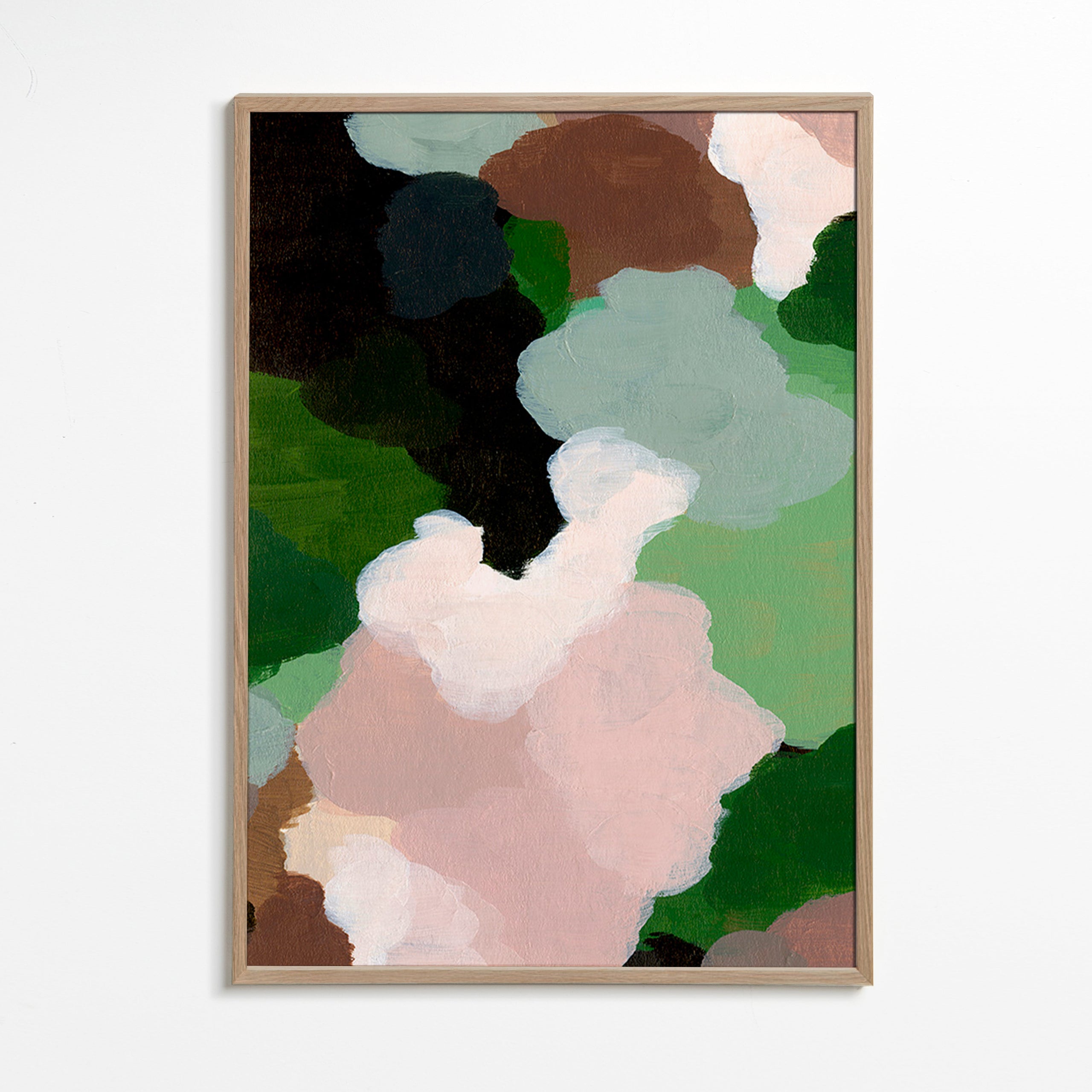 Cuadro abstracto con formas orgánicas verdes – Oak Frame