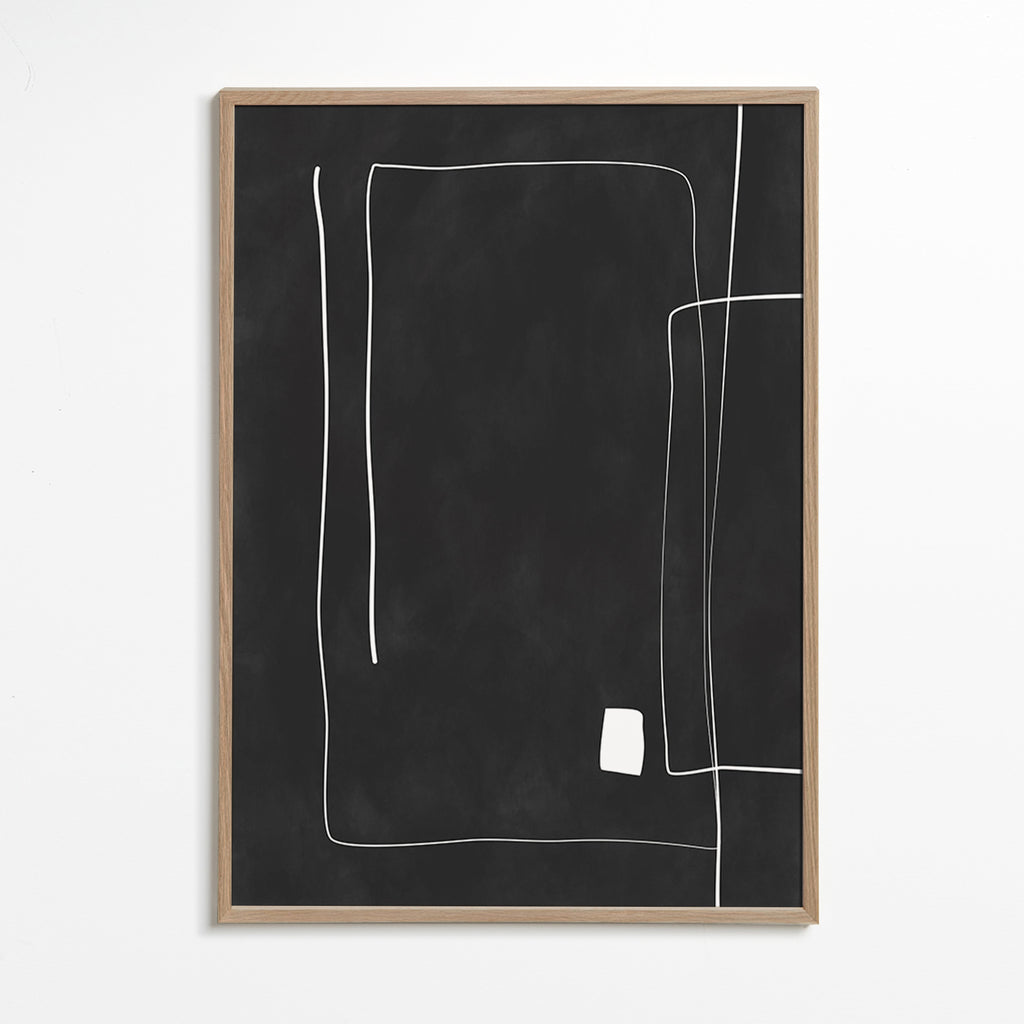 Cuadro minimalista de líneas blancas sobre fondo negro – Oak Frame