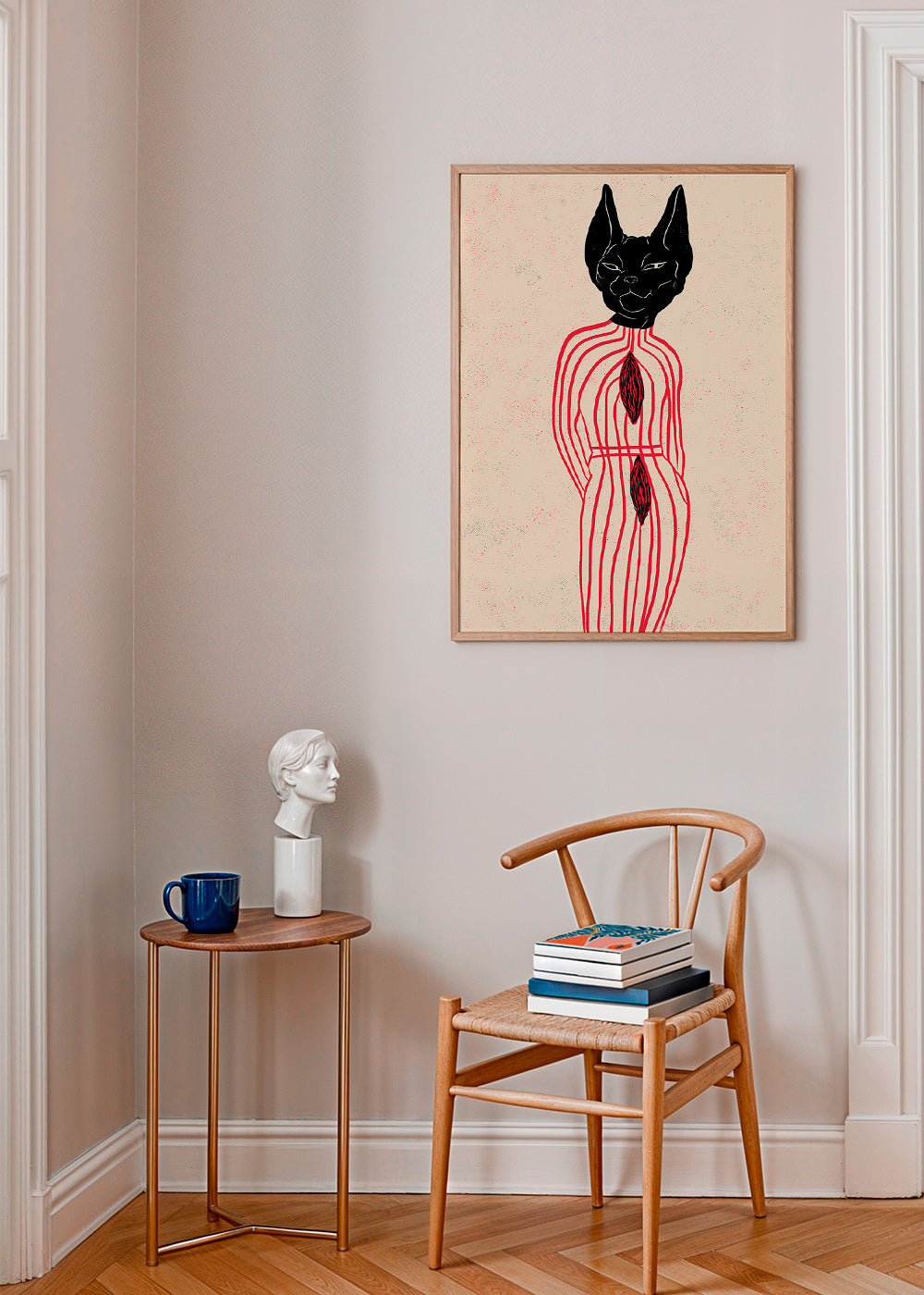 Cuadro gato estilizado con líneas rojas – Product1