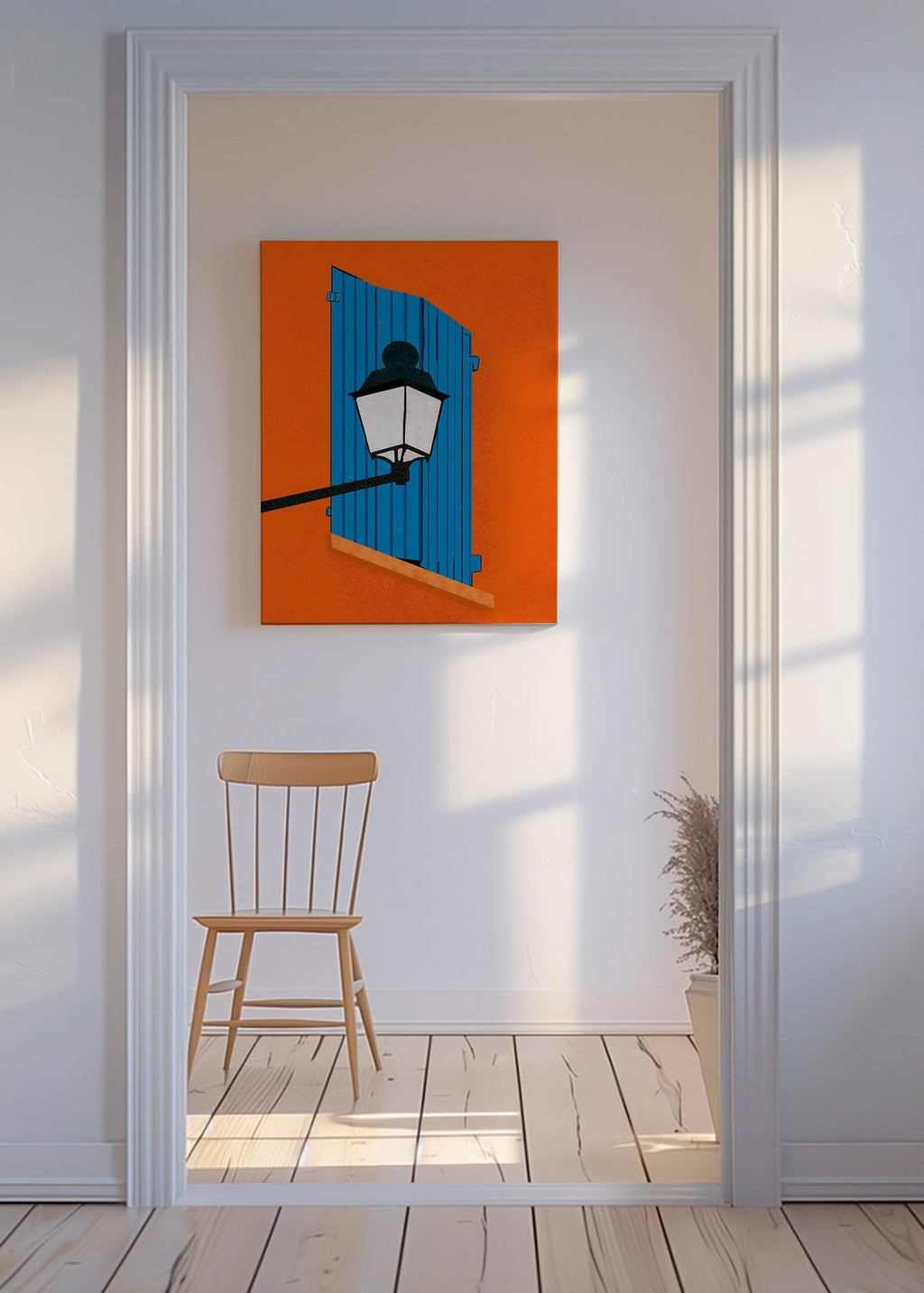 Ilustración de ventana y farol en persiana azul – Canvas