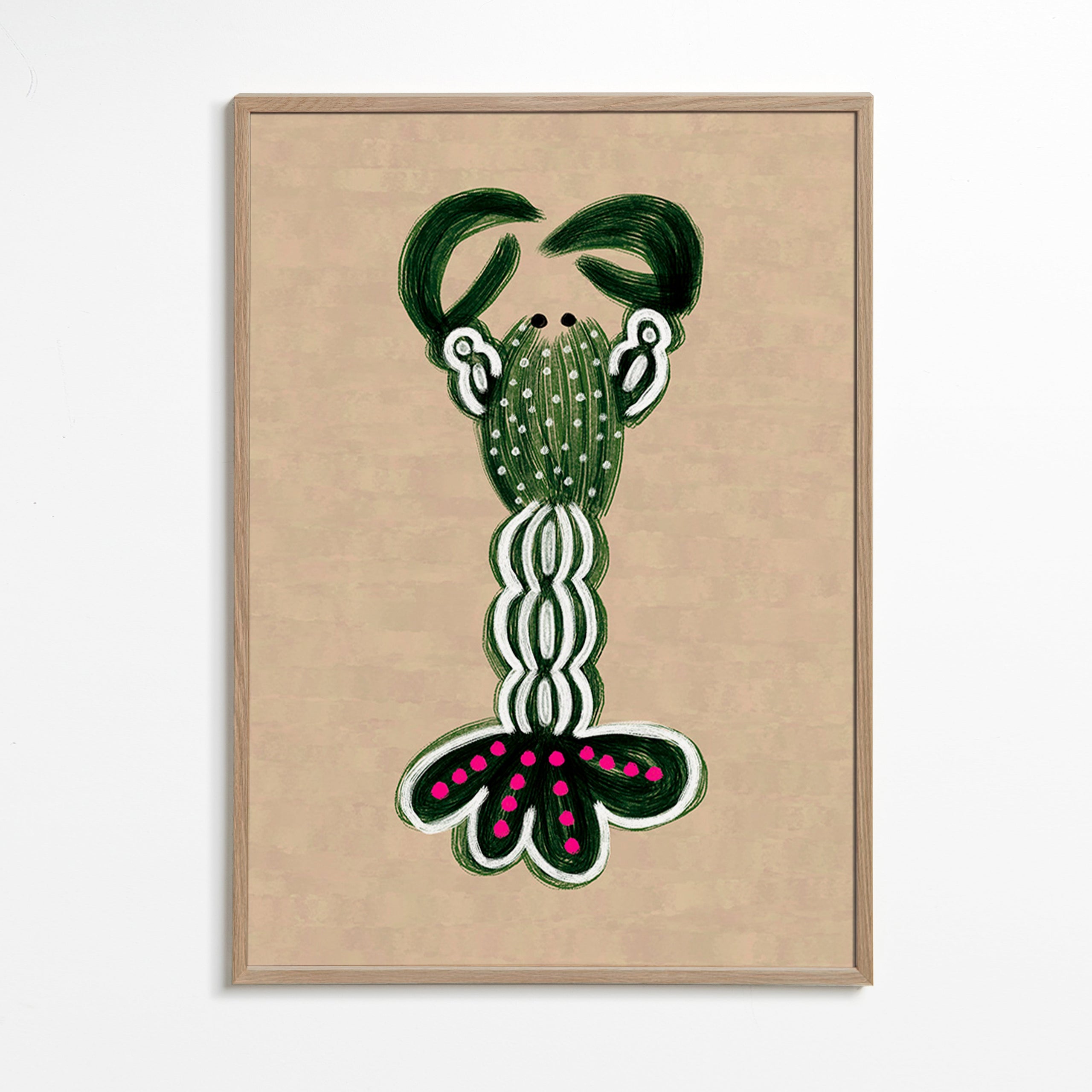Cuadro de langosta verde ilustrada – Oak Frame