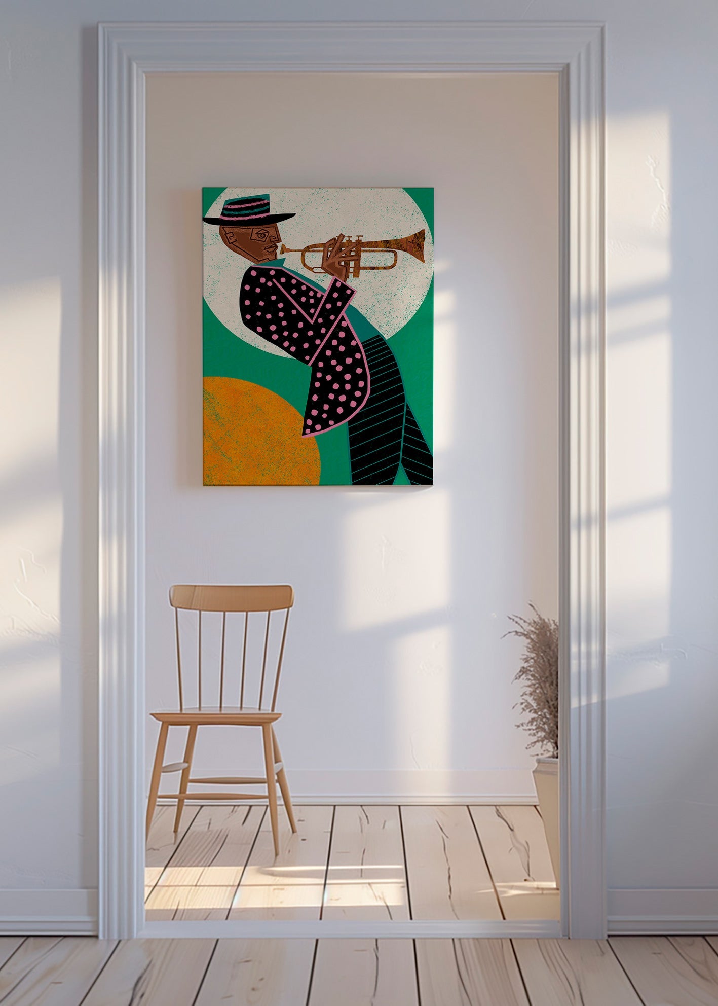 Ilustración músico de trompeta con luna – Canvas