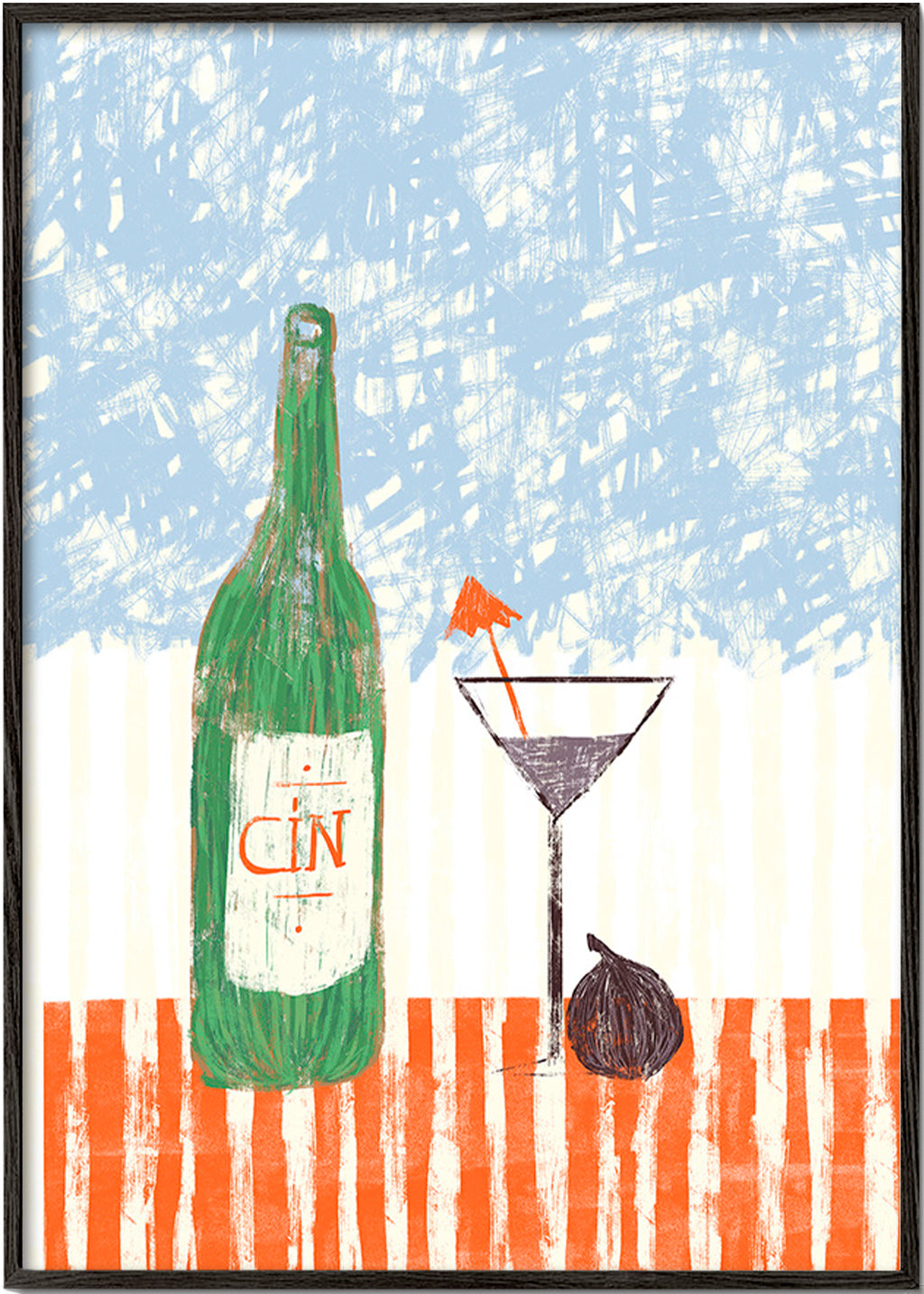 Cuadro de cocina con botella de ginebra ilustrada – Black Frame