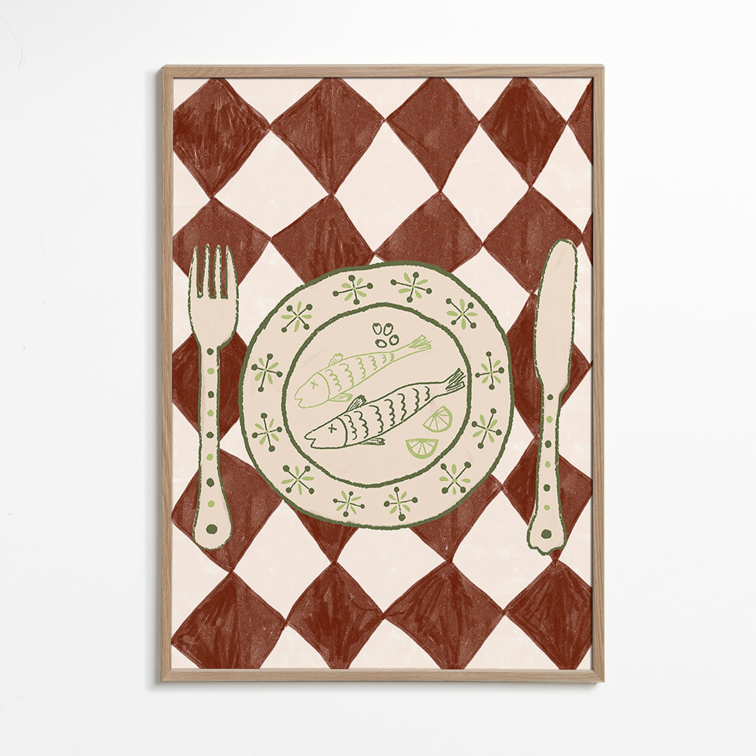 Cuadro de cocina con plato de pescado y mantel de rombos – Oak Frame