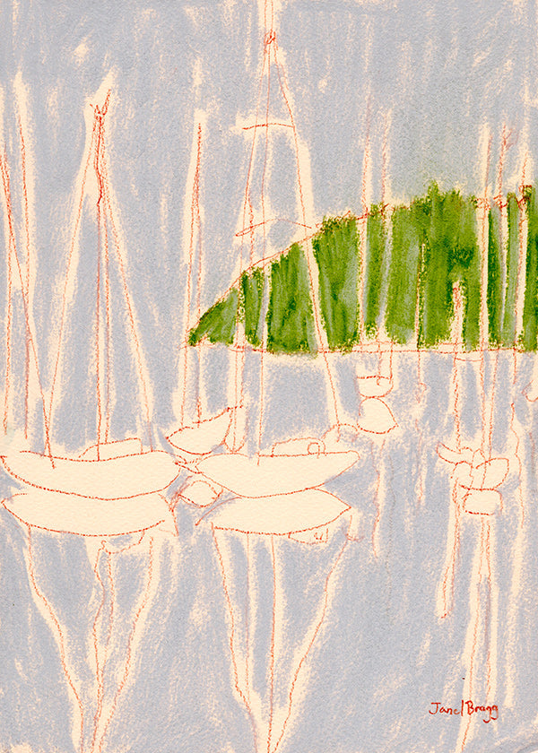 Cuadro de paisaje con veleros y colina verde