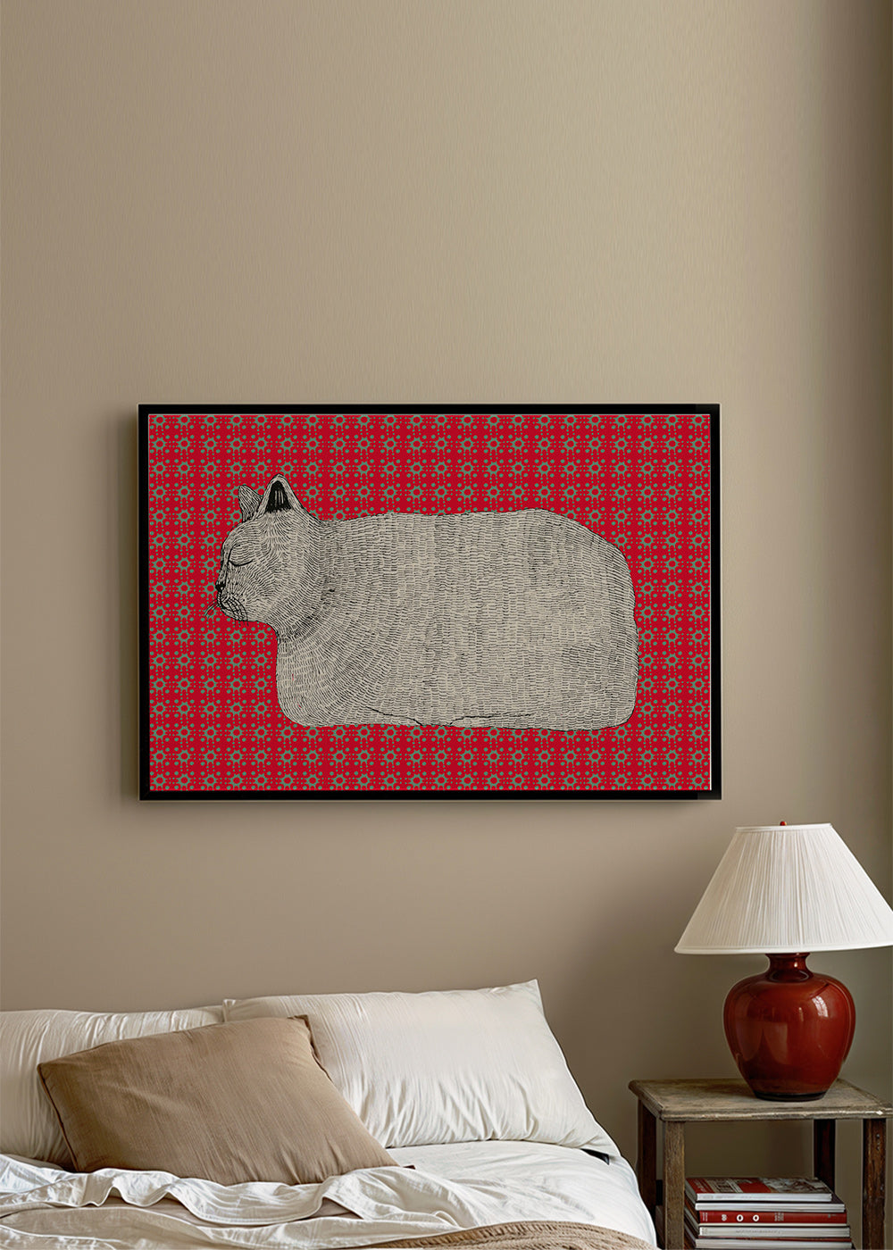 Cuadro gato en perfil sobre patrón rojo – Product2