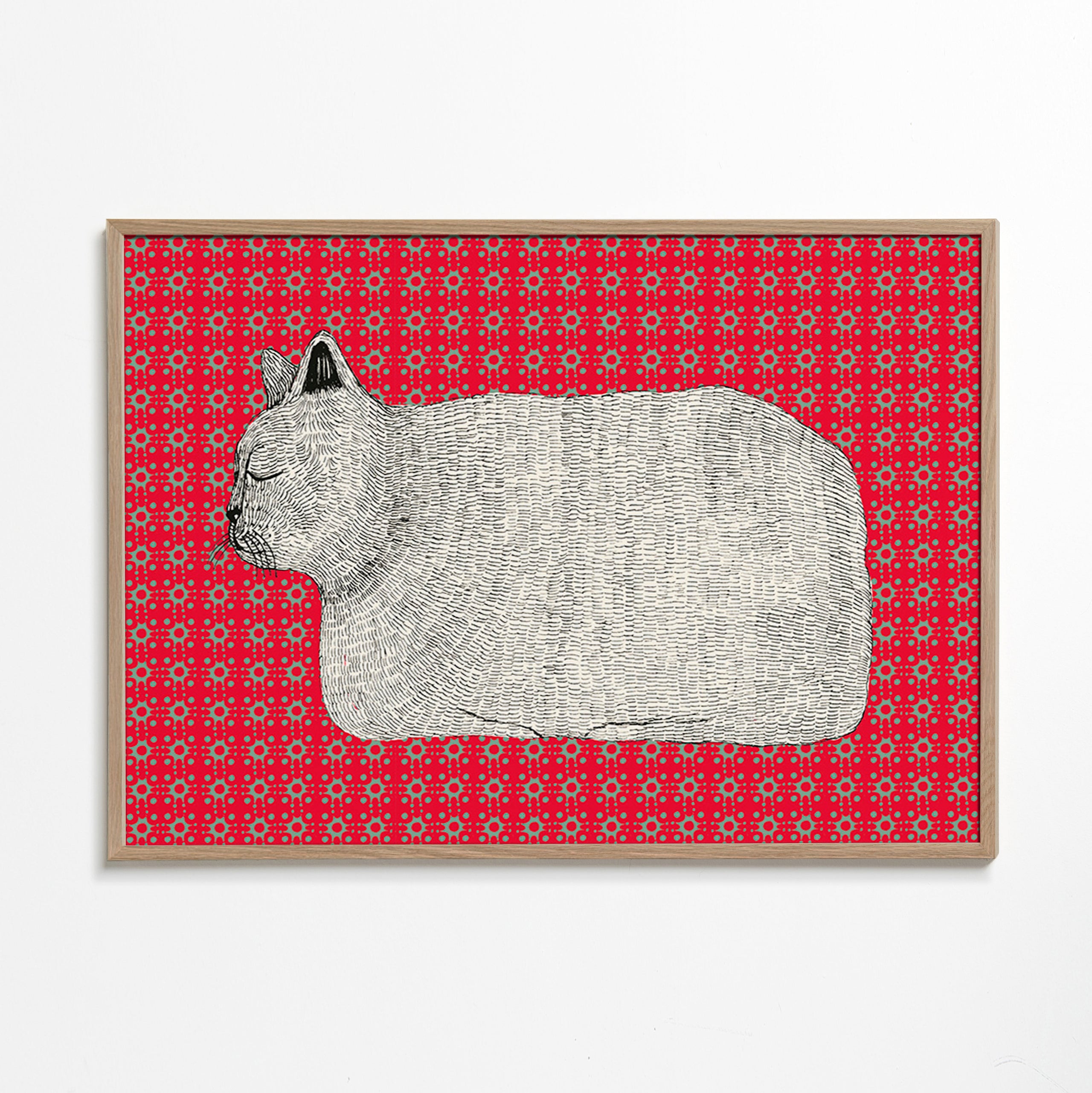 Cuadro gato en perfil sobre patrón rojo – Oak Frame