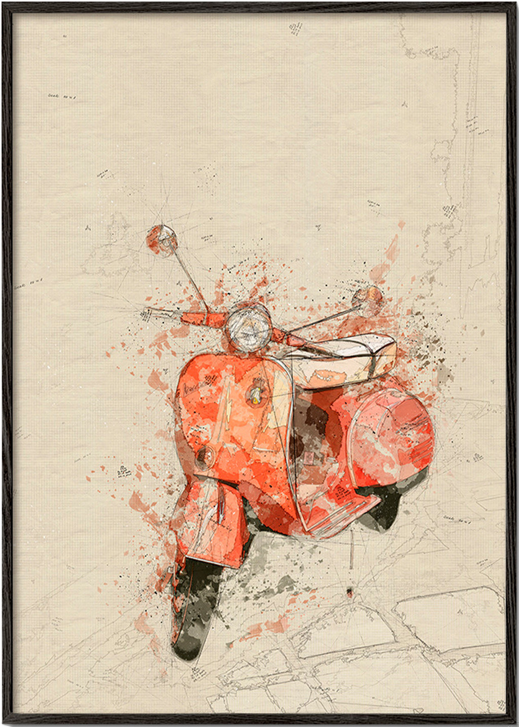 Ilustración Vespa roja sobre fondo texturado – Black Frame