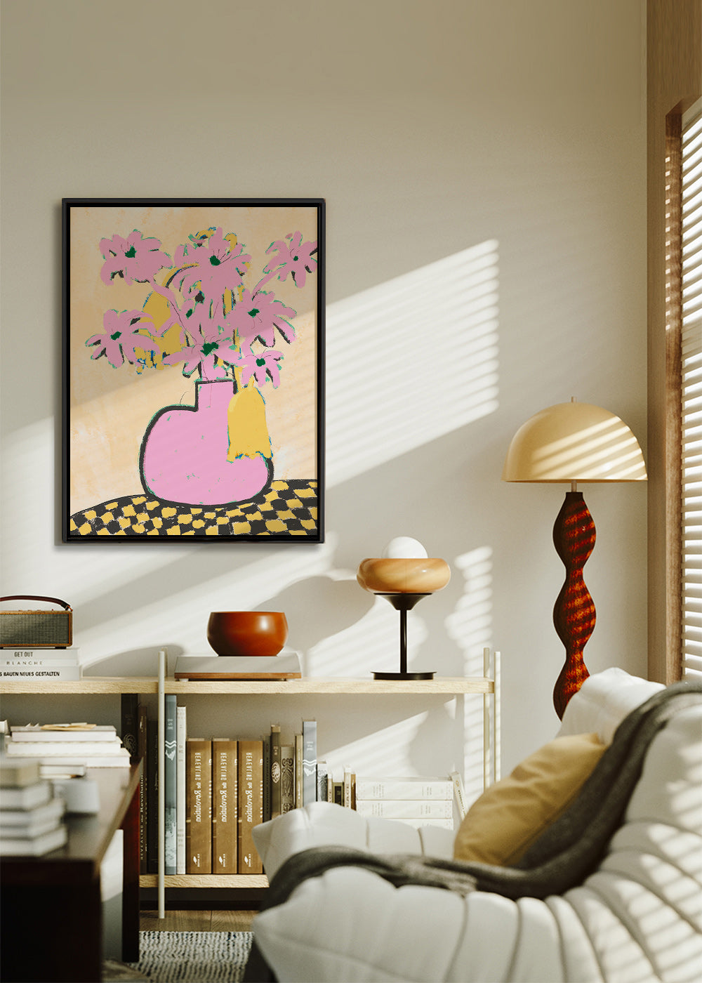 Lámina botánica con jarrón rosa y flores – Canvas1