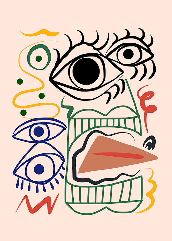 Ilustración lineal con rostros y ojos