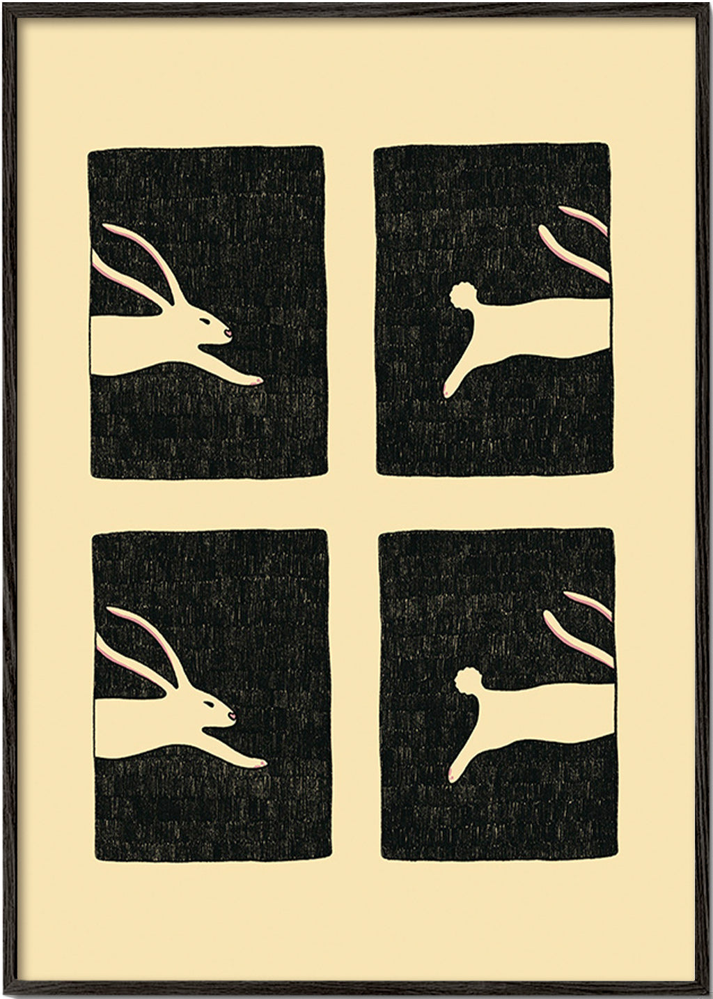 Cuadro con conejos repetidos en paneles – Black Frame