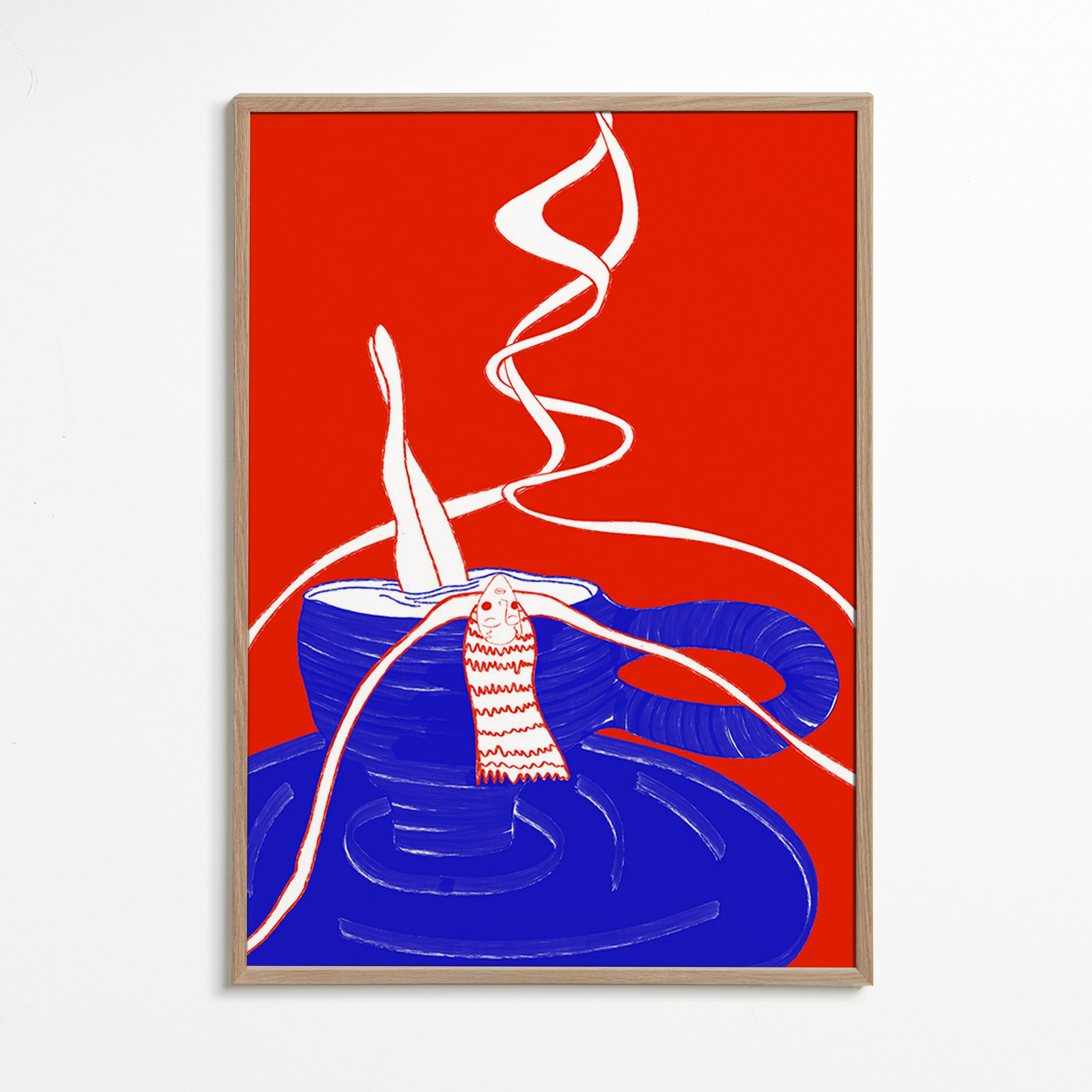 Cuadro de cocina con taza azul y figura sumergida – Oak Frame