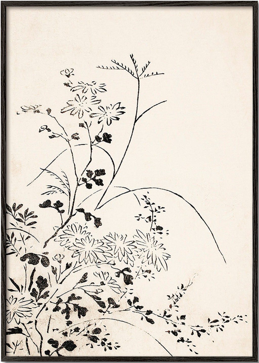 Lámina botánica en tinta japonesa minimalista – Black Frame