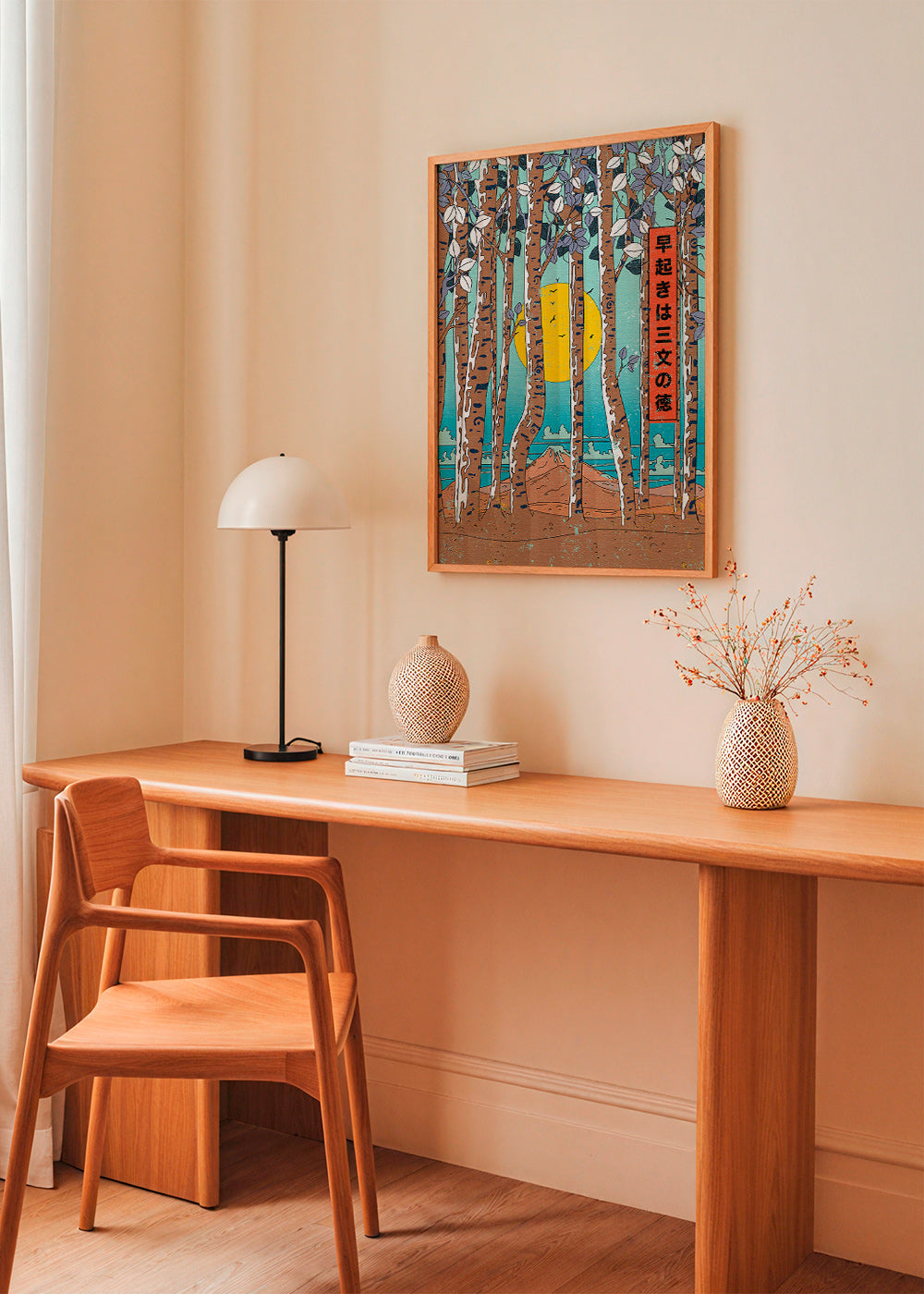 Cuadro de paisaje con abedules japoneses y sol amarillo – Product1