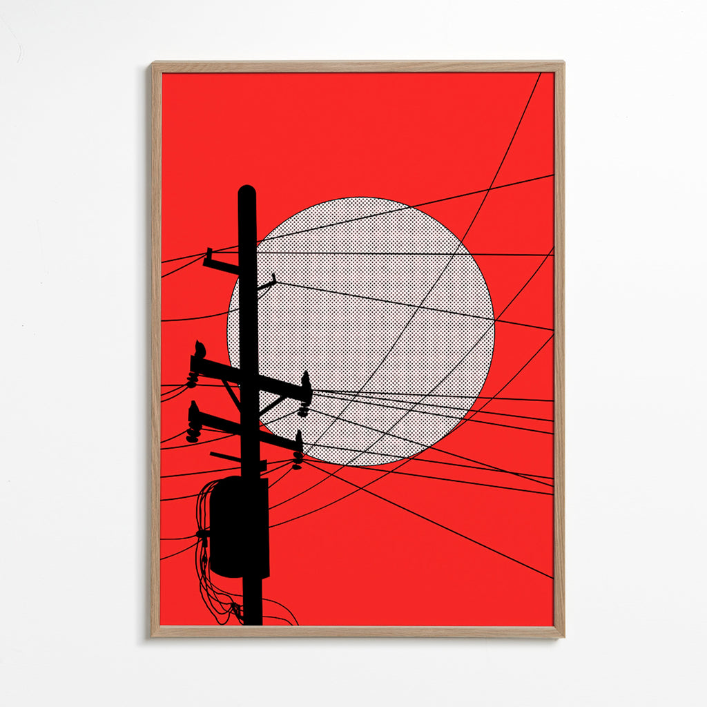 Ilustración minimalista de sol japonés y poste – Oak Frame
