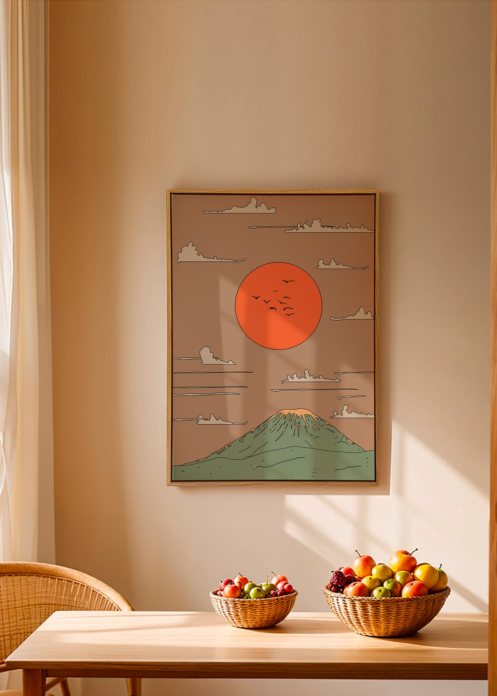 Ilustración japonesa con amanecer y monte estilizado – Canvas1