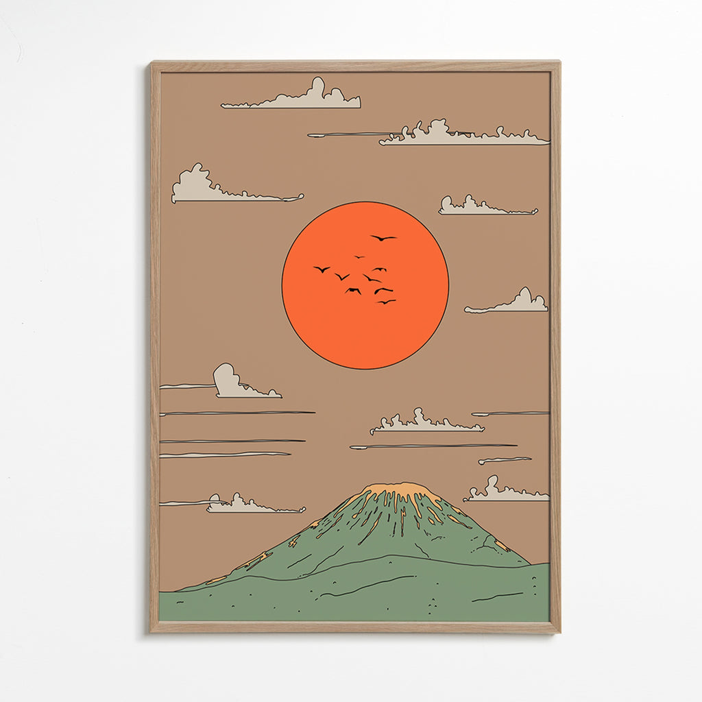 Ilustración japonesa con amanecer y monte estilizado – Oak Frame