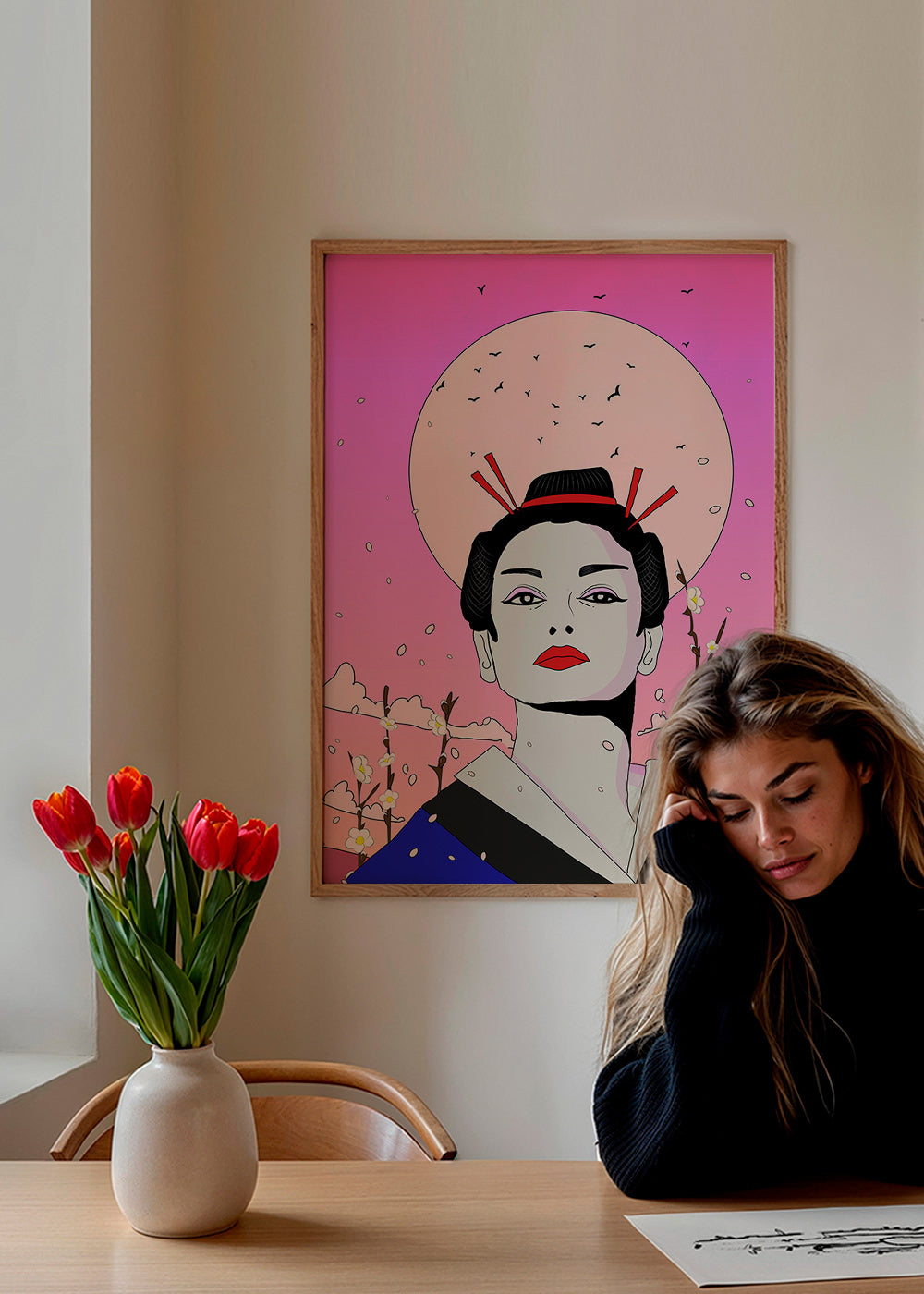 Ilustración de geisha japonesa sobre luna rosa – Product3