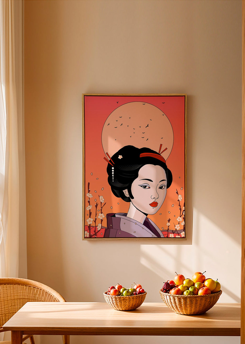 Ilustración geisha en atardecer coral – Canvas1