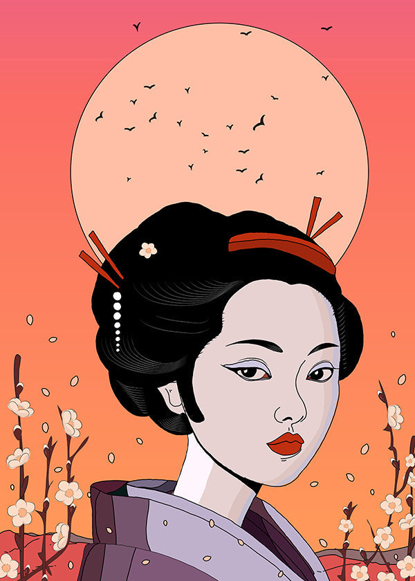 Ilustración geisha en atardecer coral