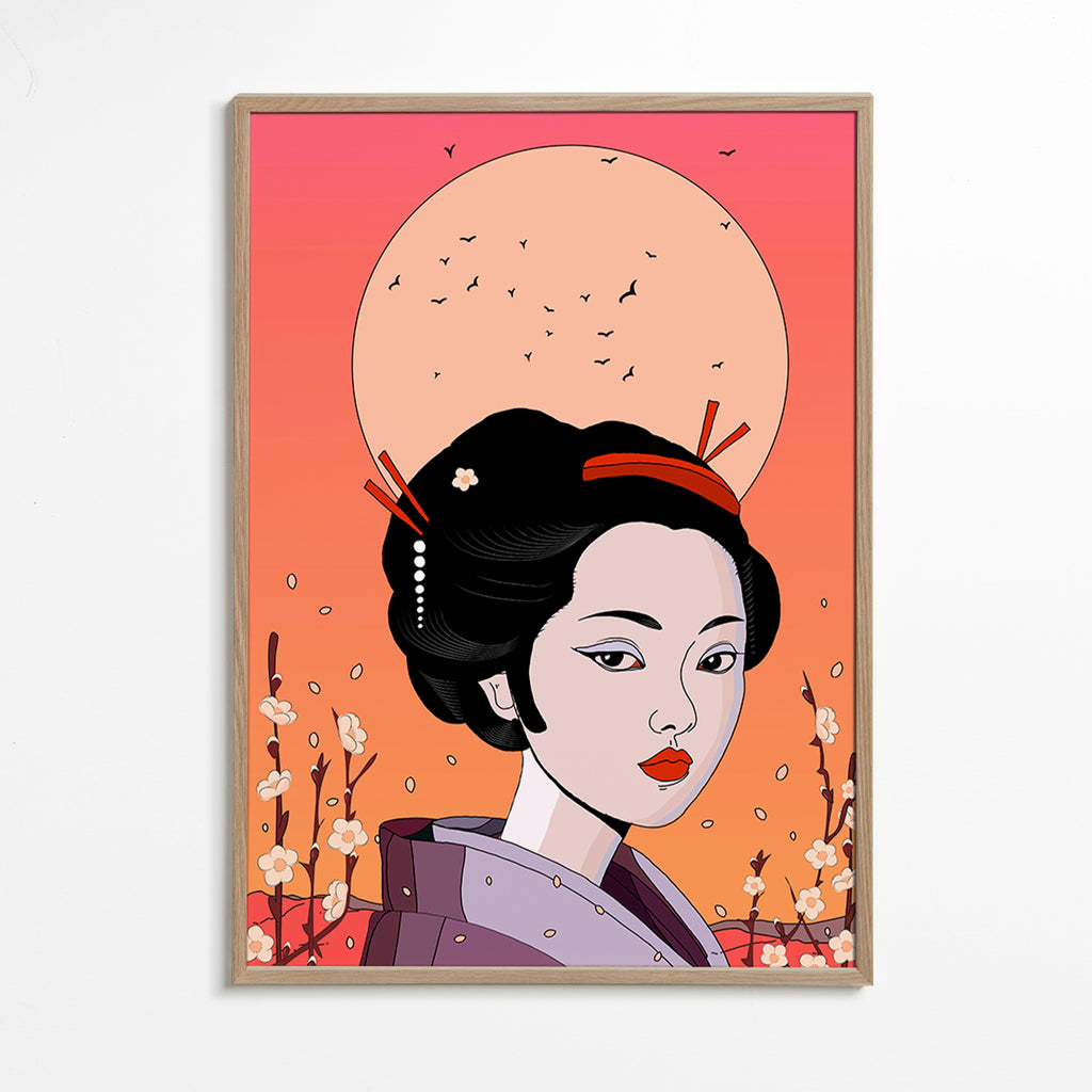 Ilustración geisha en atardecer coral – Oak Frame