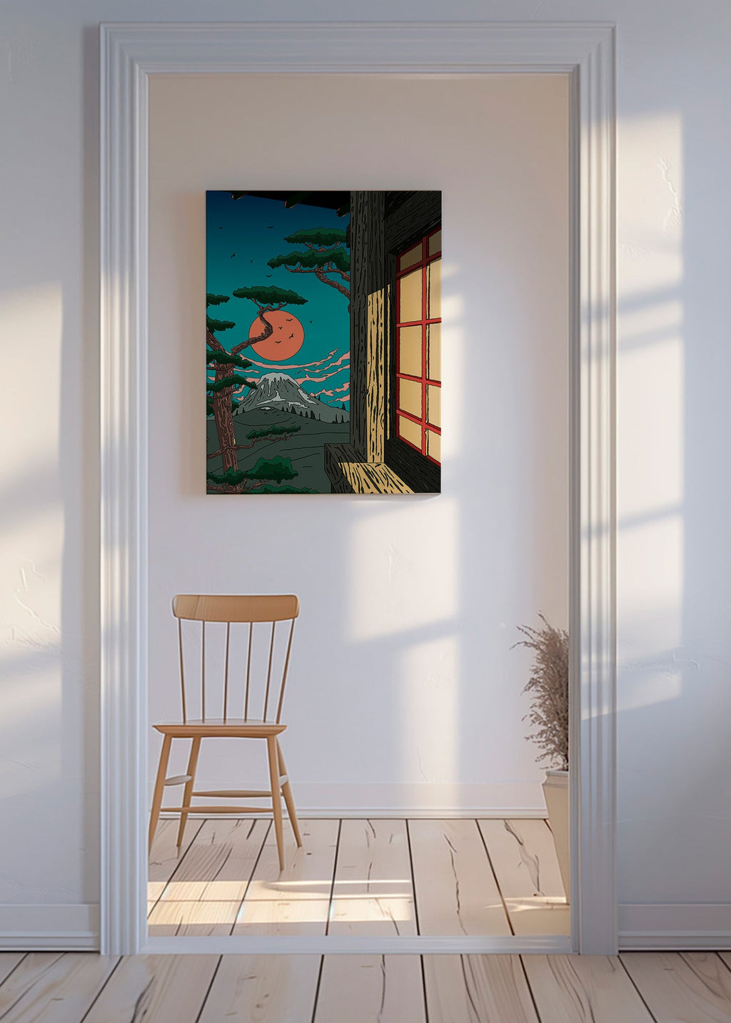 Cuadro de paisaje con pino y monte al atardecer – Canvas