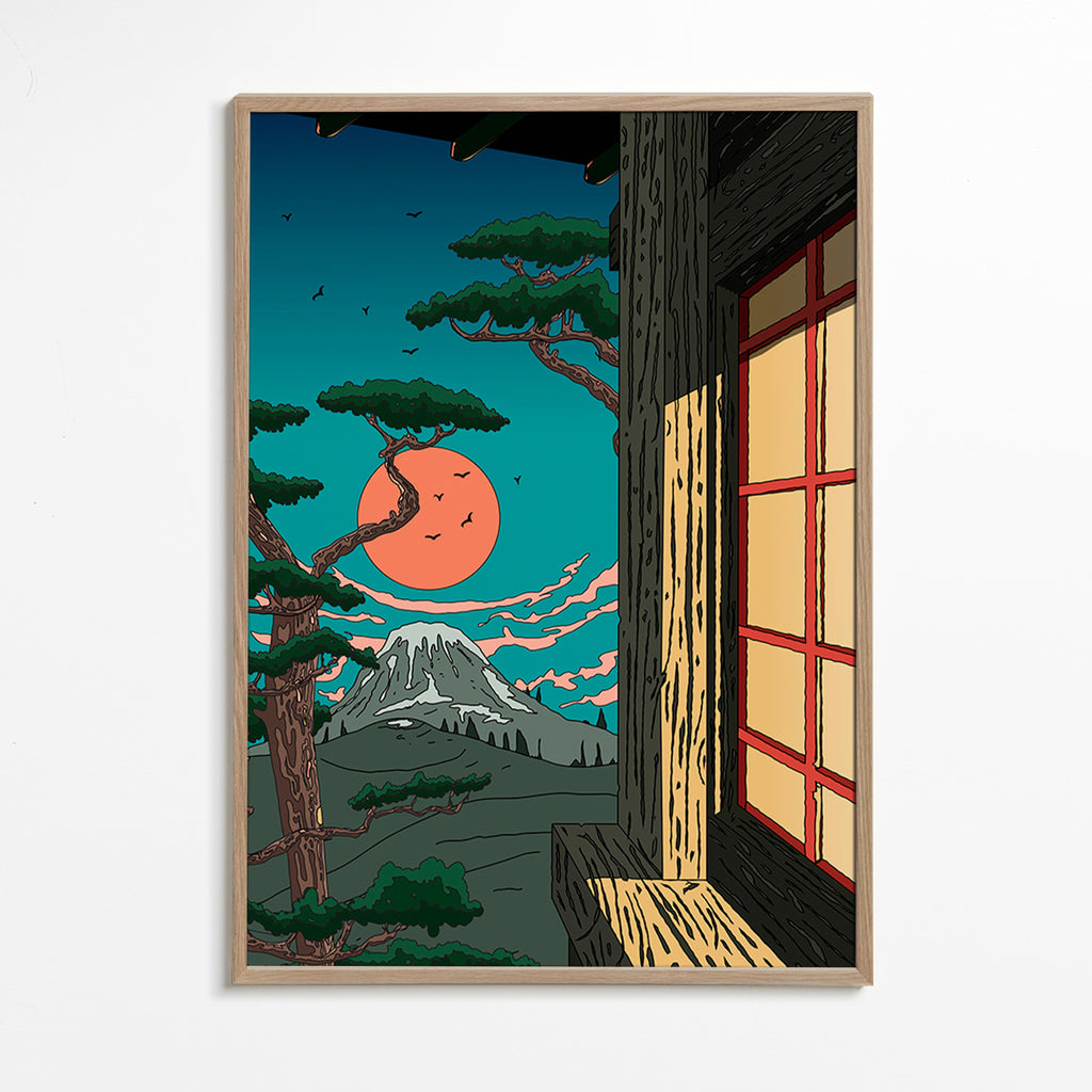 Cuadro de paisaje con pino y monte al atardecer – Oak Frame