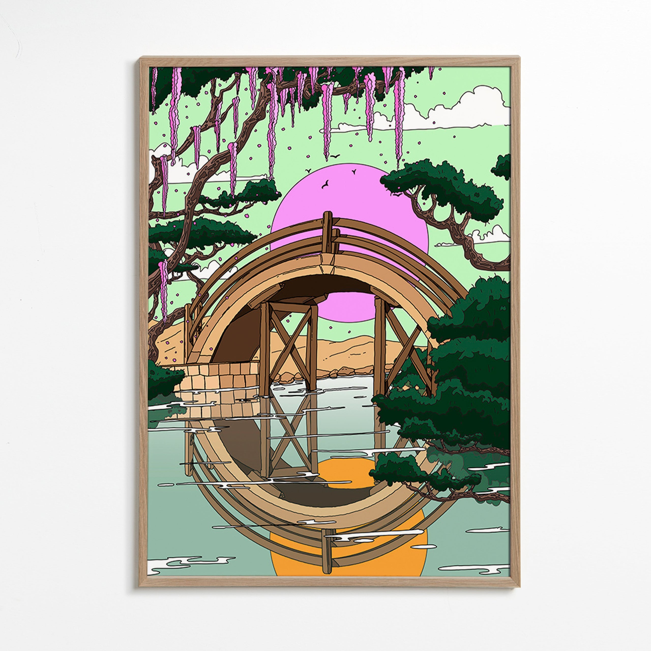 Cuadro de paisaje con puente arqueado y reflejo – Oak Frame