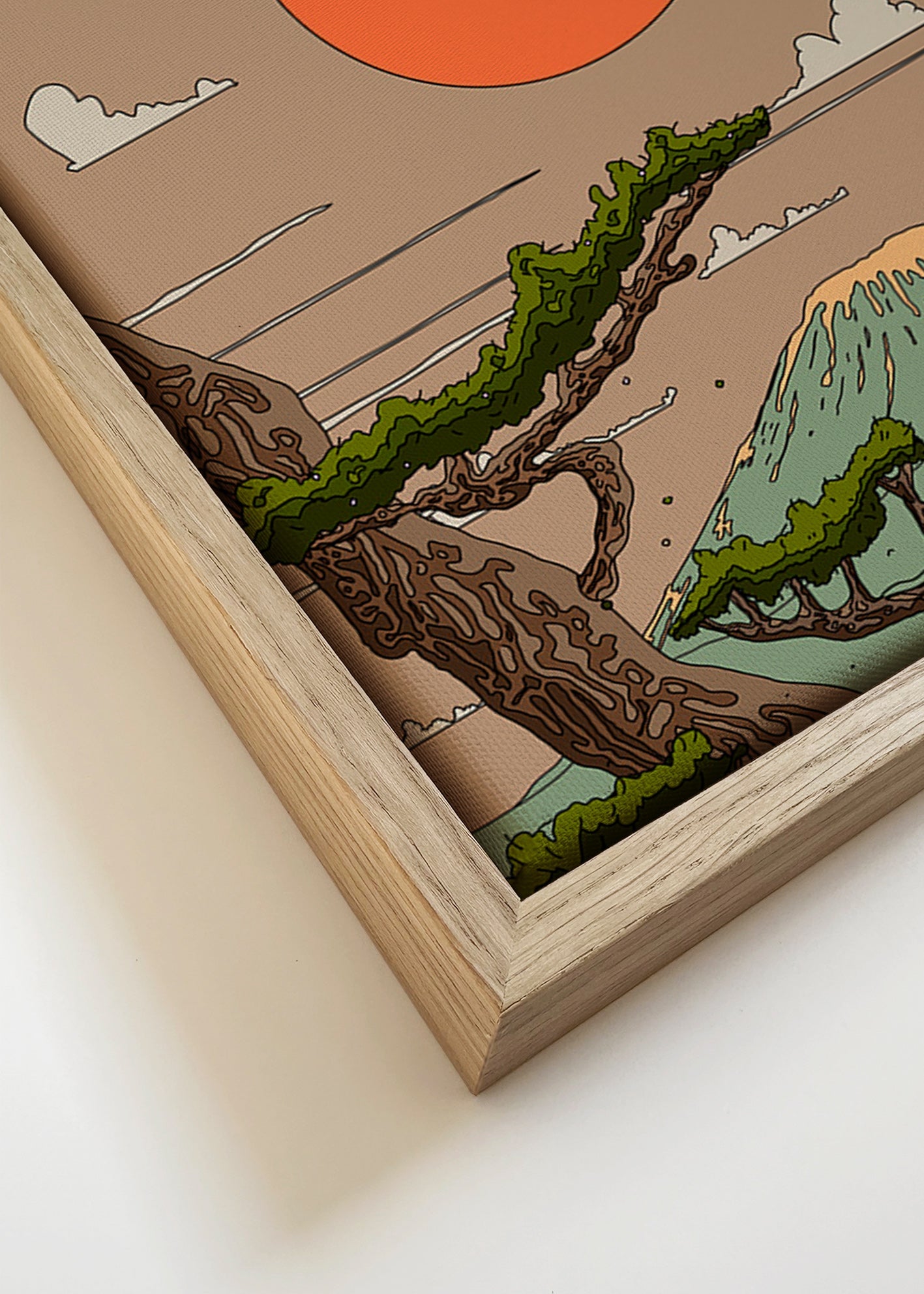 Cuadro de paisaje con sol naranja y pinos estilizados – Canvas detail