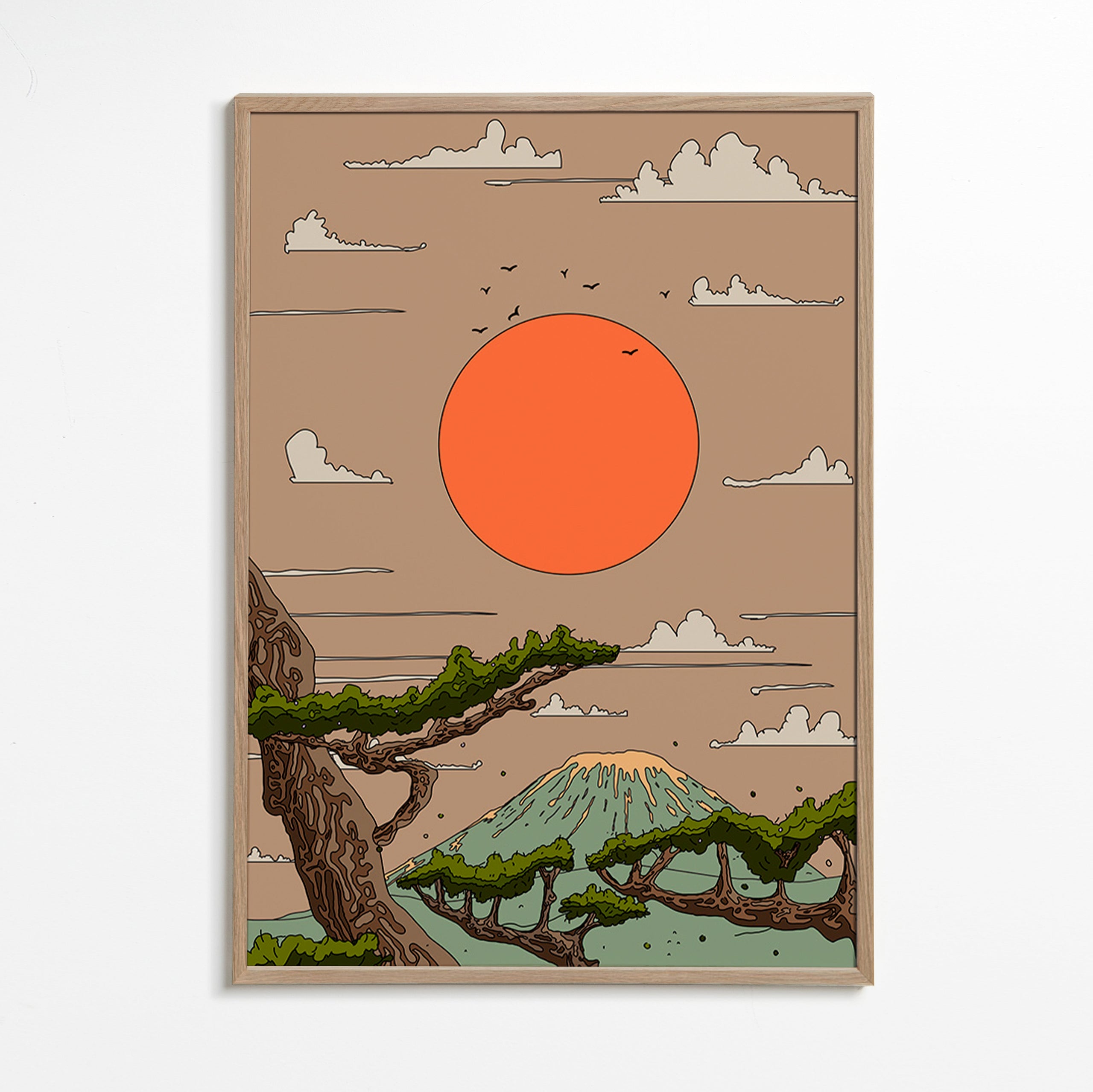 Cuadro de paisaje con sol naranja y pinos estilizados – Oak Frame