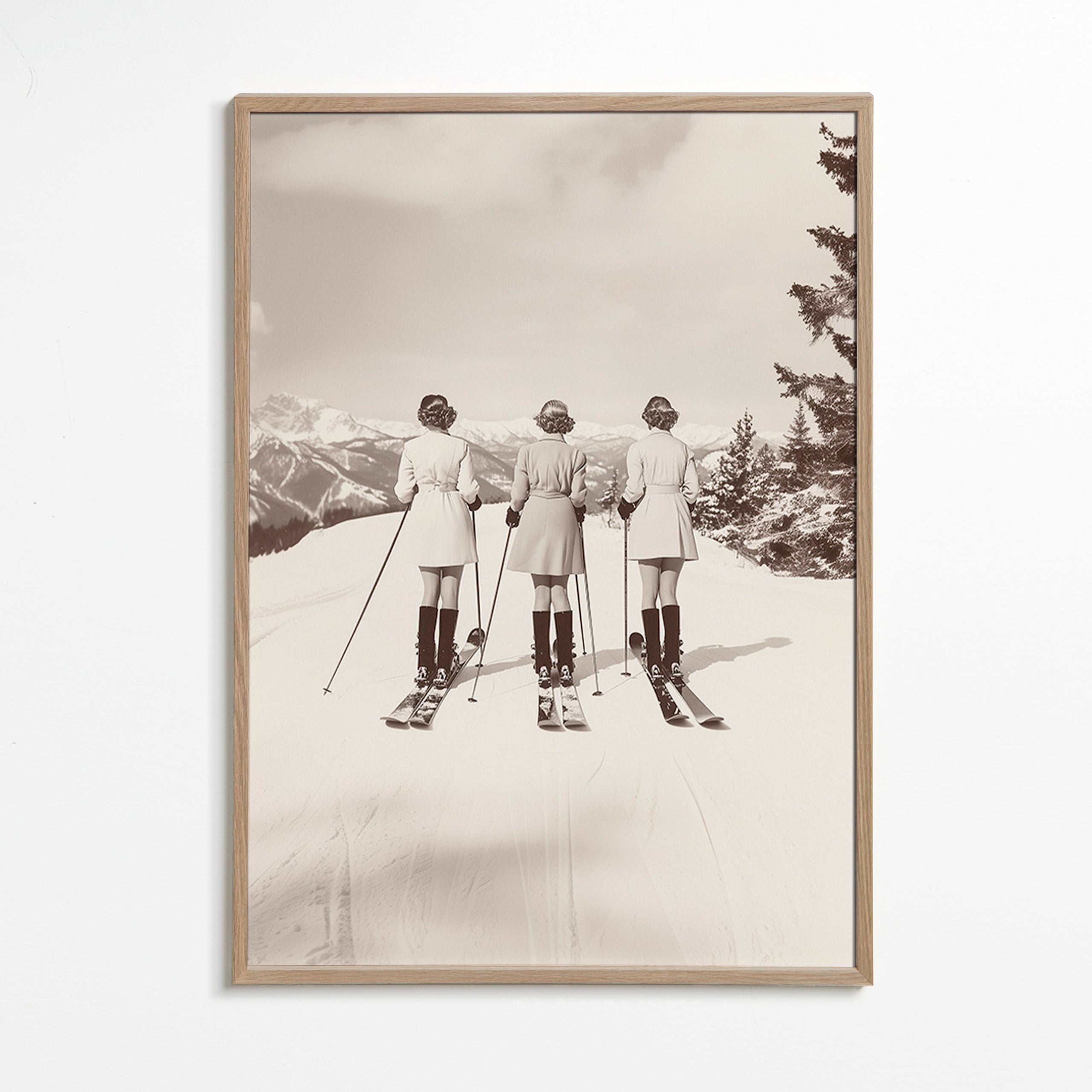 Cuadro vintage: esquiadoras retro en fila – Oak Frame