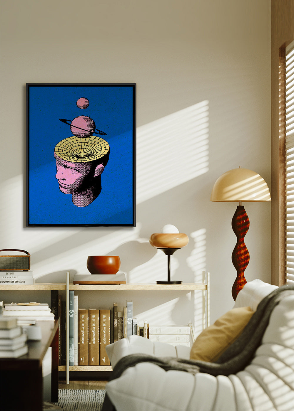 Ilustración surrealista de busto con planetas – Canvas2