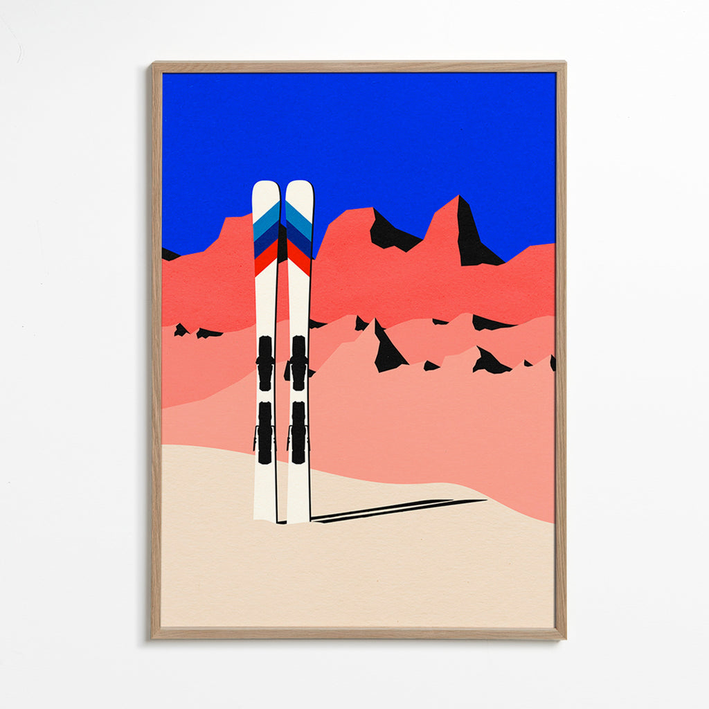 Cuadro deportivo con esquís sobre paisaje geométrico – Oak Frame