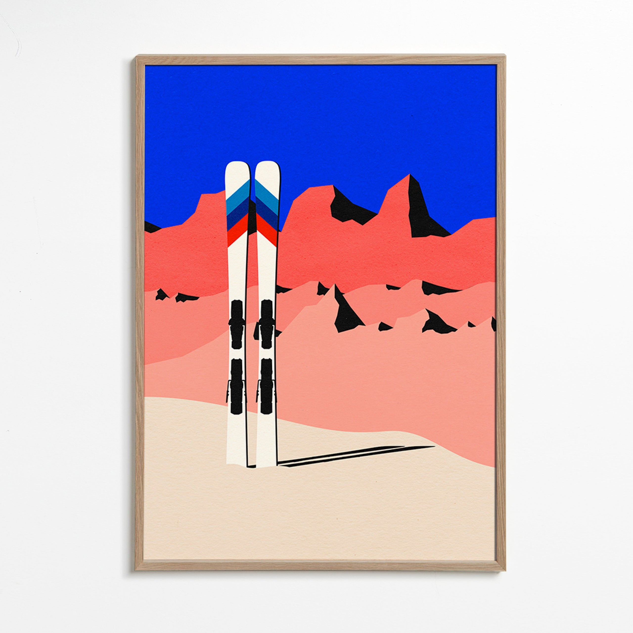 Cuadro deportivo con esquís sobre paisaje geométrico – Oak Frame