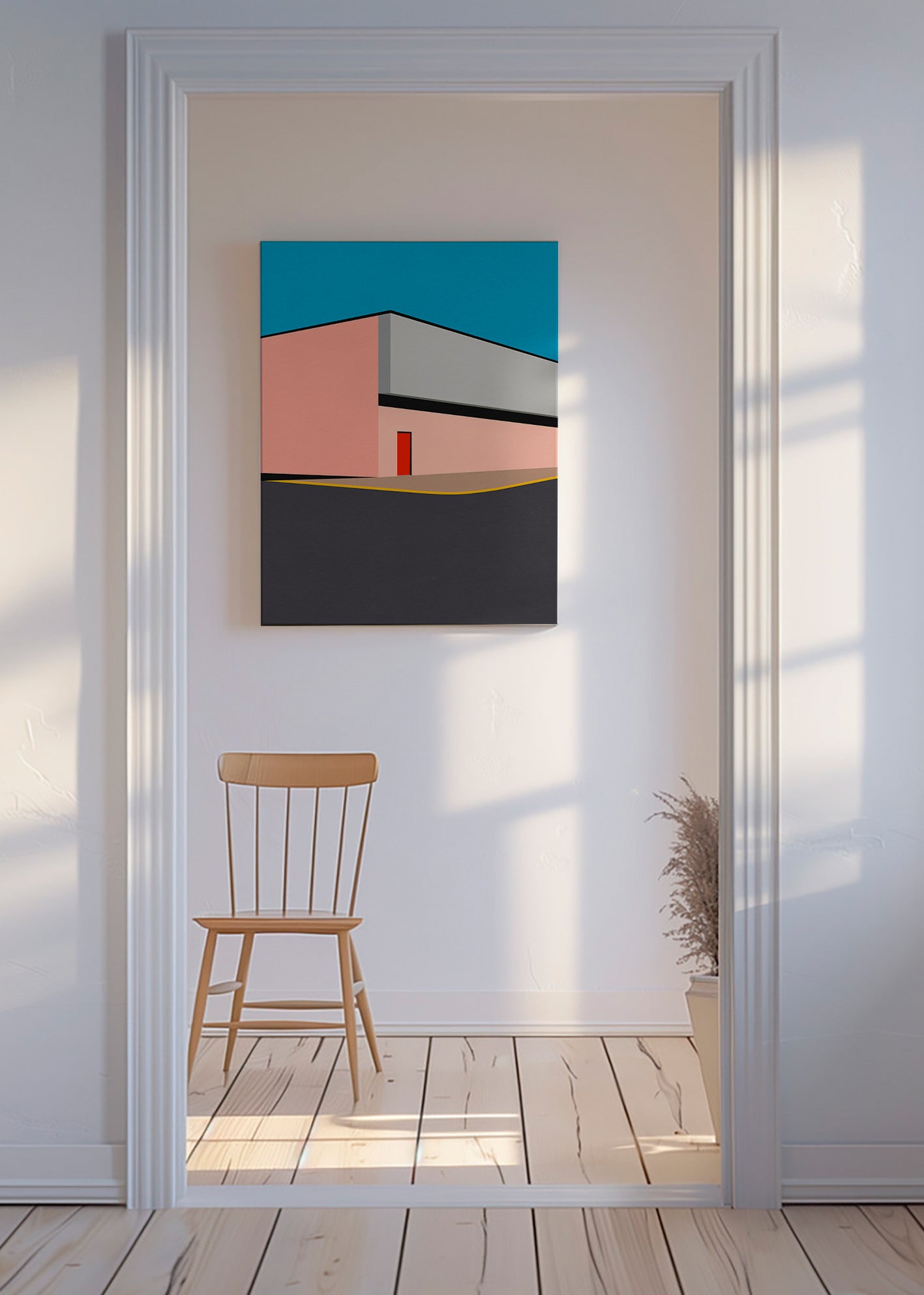 Ilustración minimal de fachada con puerta roja – Canvas