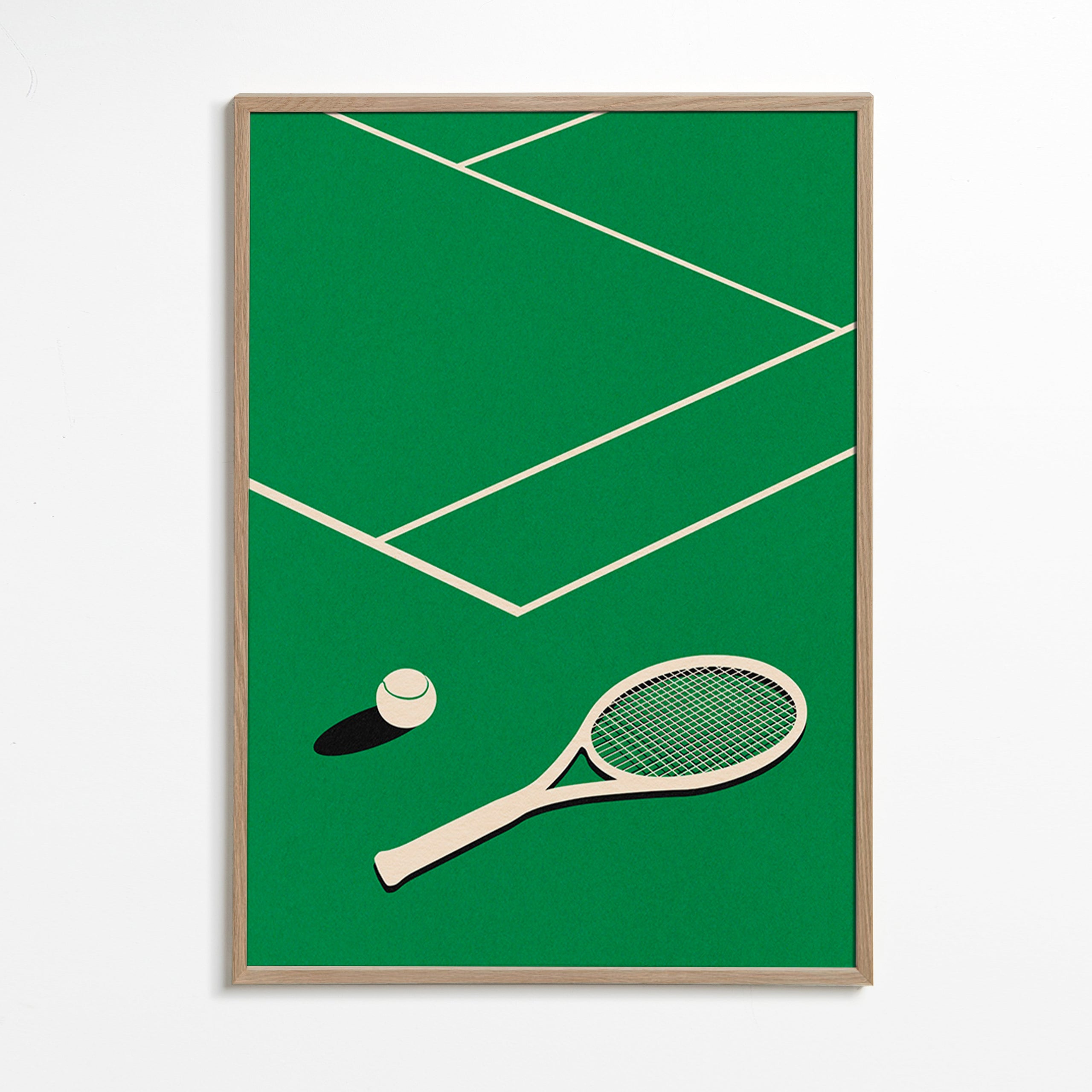 Cuadro deportivo: raqueta y pelota sobre pista minimal – Oak Frame