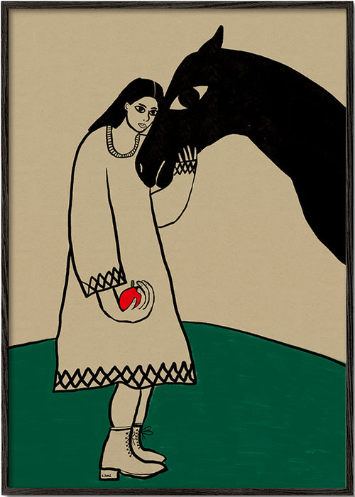 Cuadro de caballo con figura femenina y manzana – Black Frame