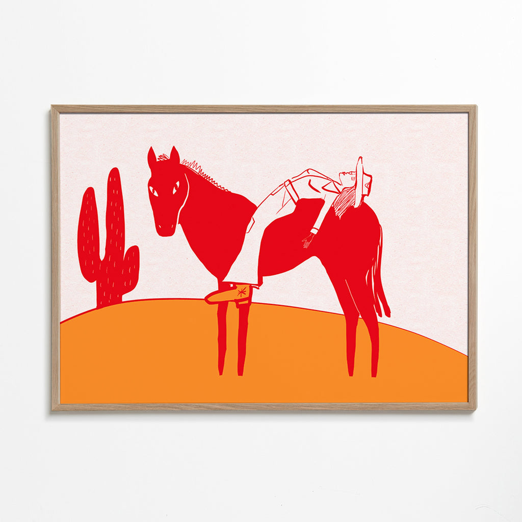 Cuadro cowgirl descansando sobre caballo rojo – Oak Frame