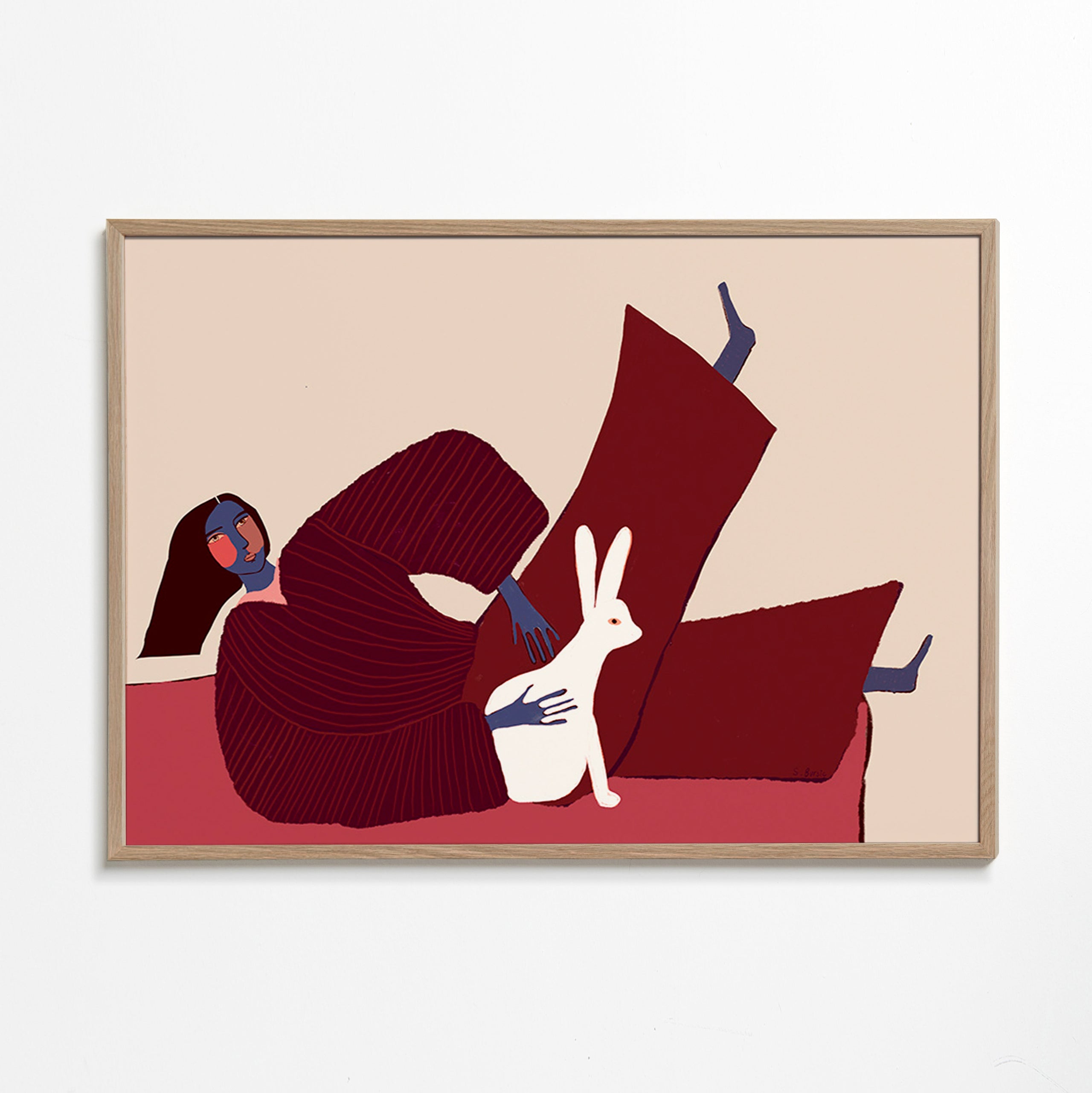 Cuadro con conejo y figura reclinada – Oak Frame