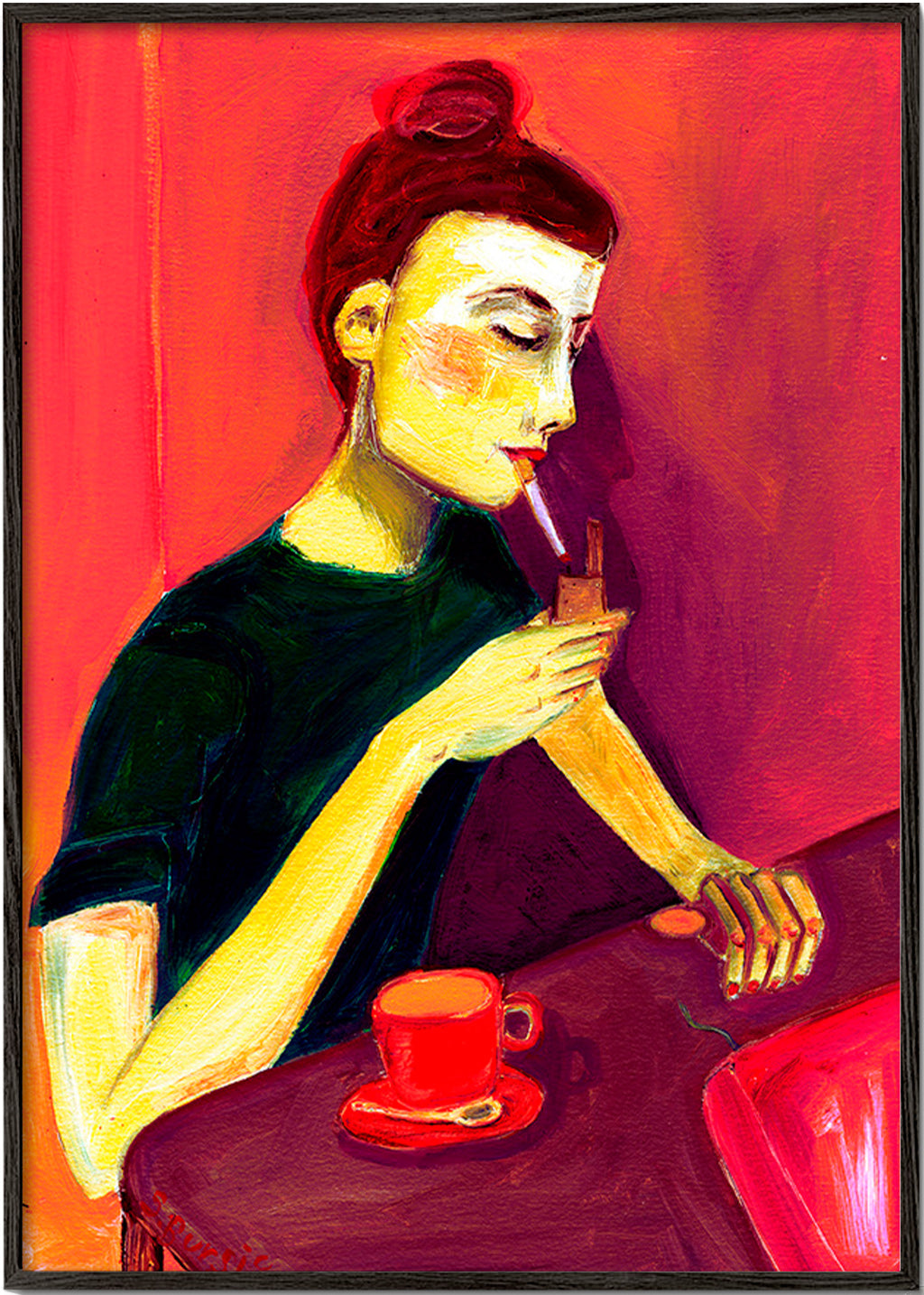 Ilustración de mujer fumando con taza roja – Black Frame