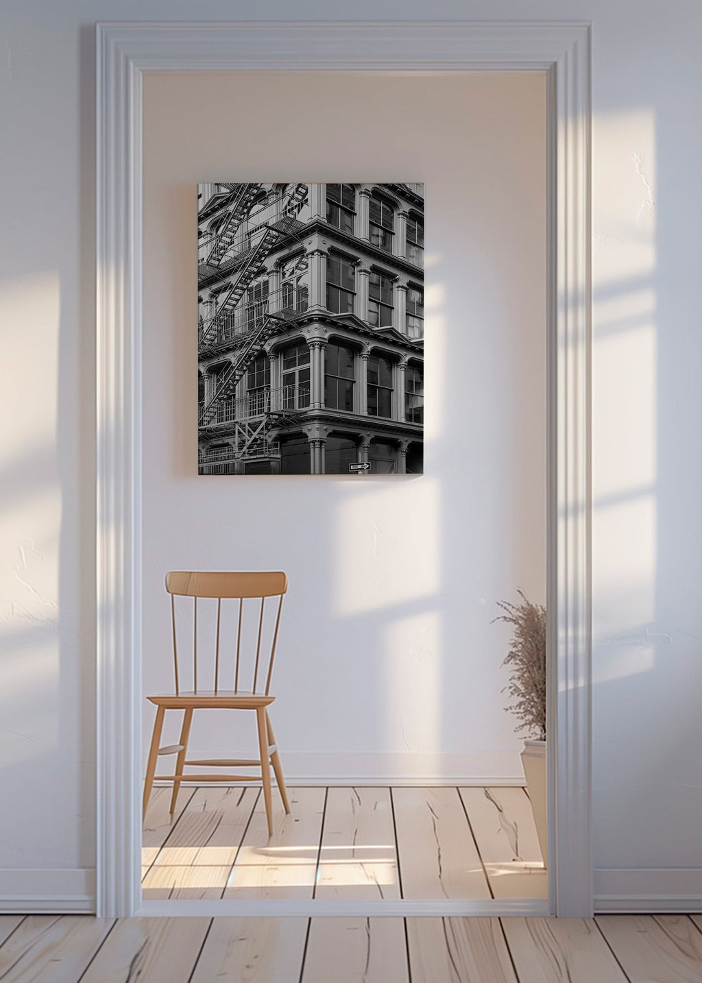 Fotografía arquitectónica en blanco y negro con escalera de incendios – Canvas