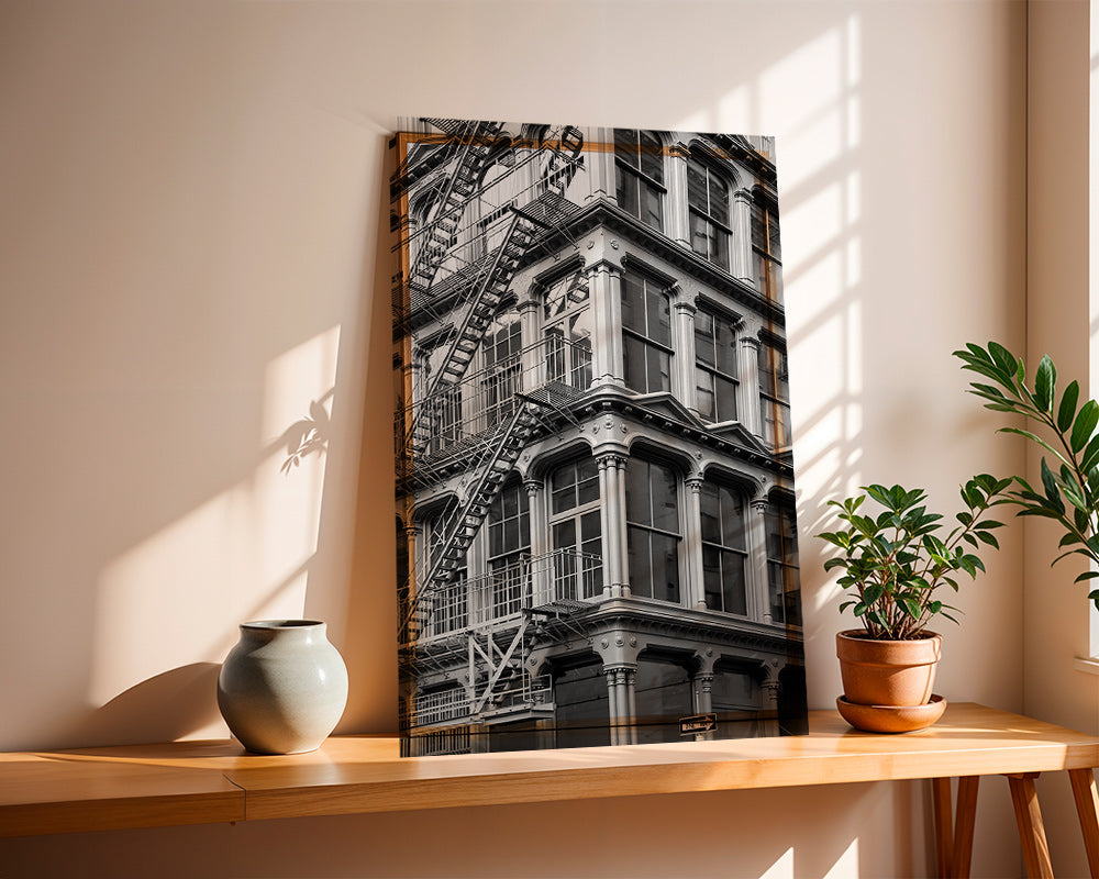 Fotografía arquitectónica en blanco y negro con escalera de incendios – Product3