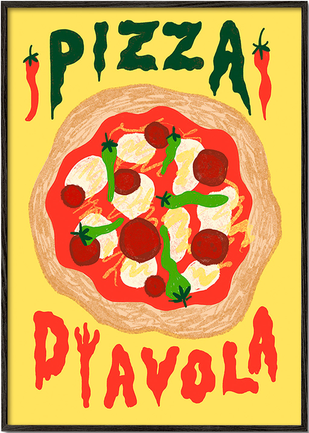 Cuadro de cocina con pizza Diavola ilustrada – Black Frame