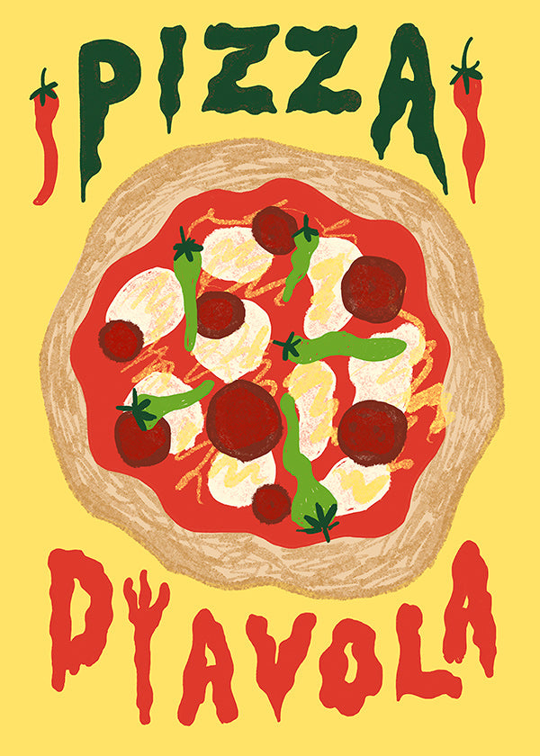 Cuadro de cocina con pizza Diavola ilustrada