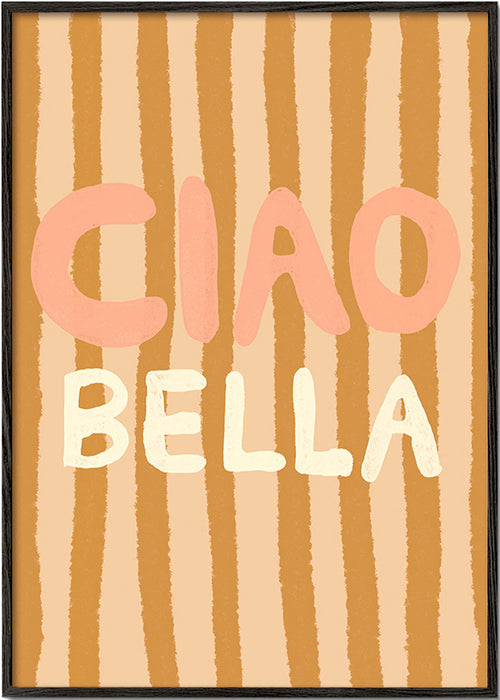 Ilustración Ciao Bella con tipografía y rayas tostadas – Black Frame