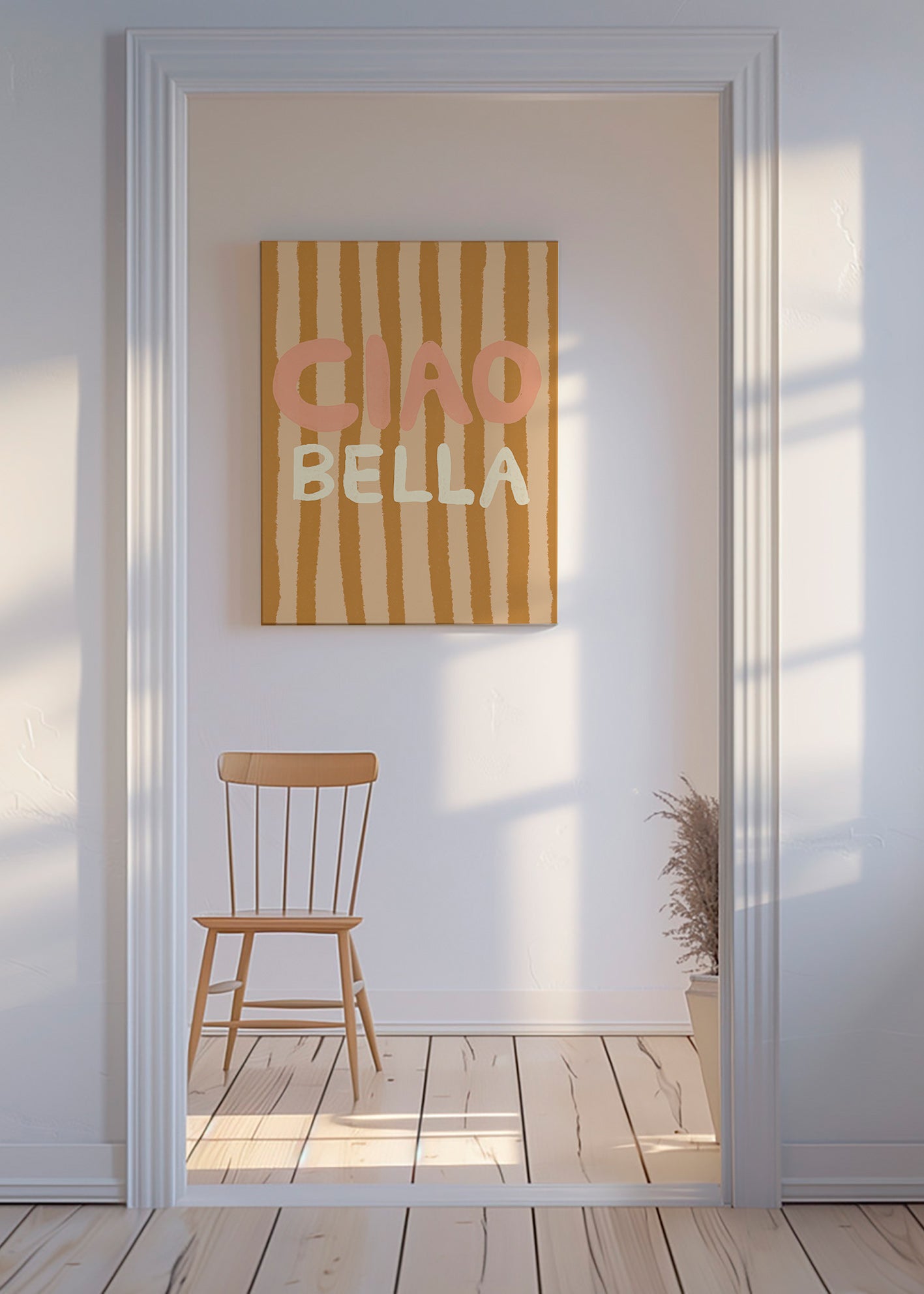 Ilustración Ciao Bella con tipografía y rayas tostadas – Canvas