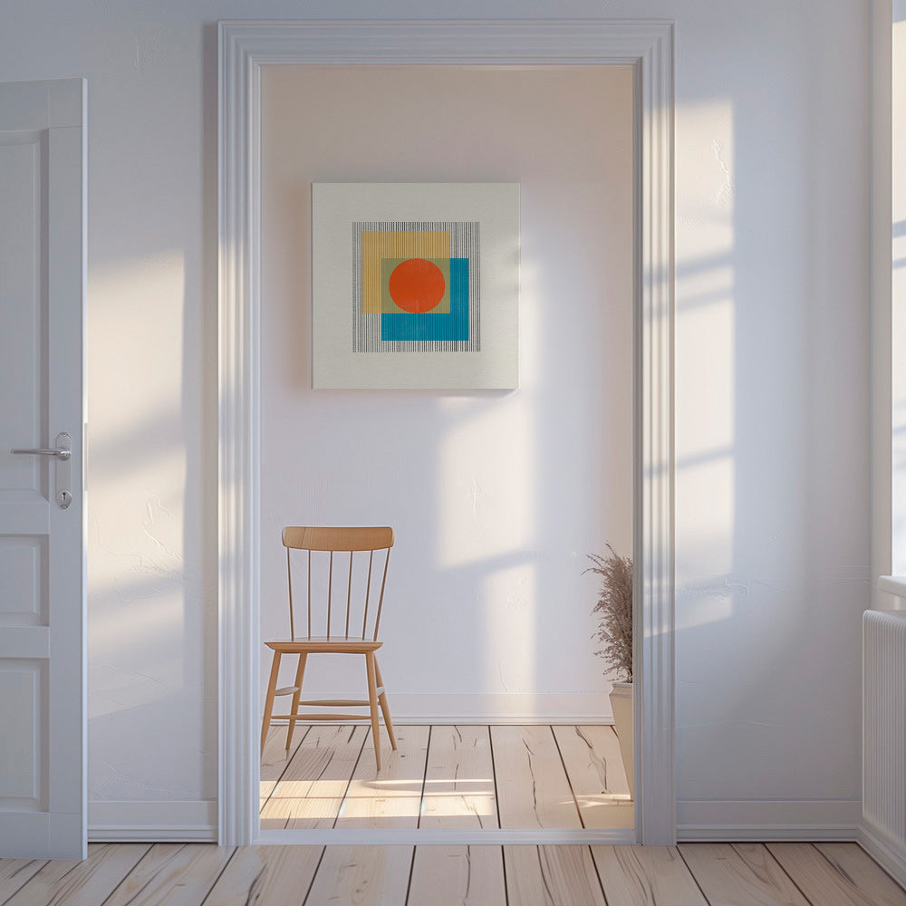 Cuadro geométrico con círculo central y cuadrados superpuestos – Canvas